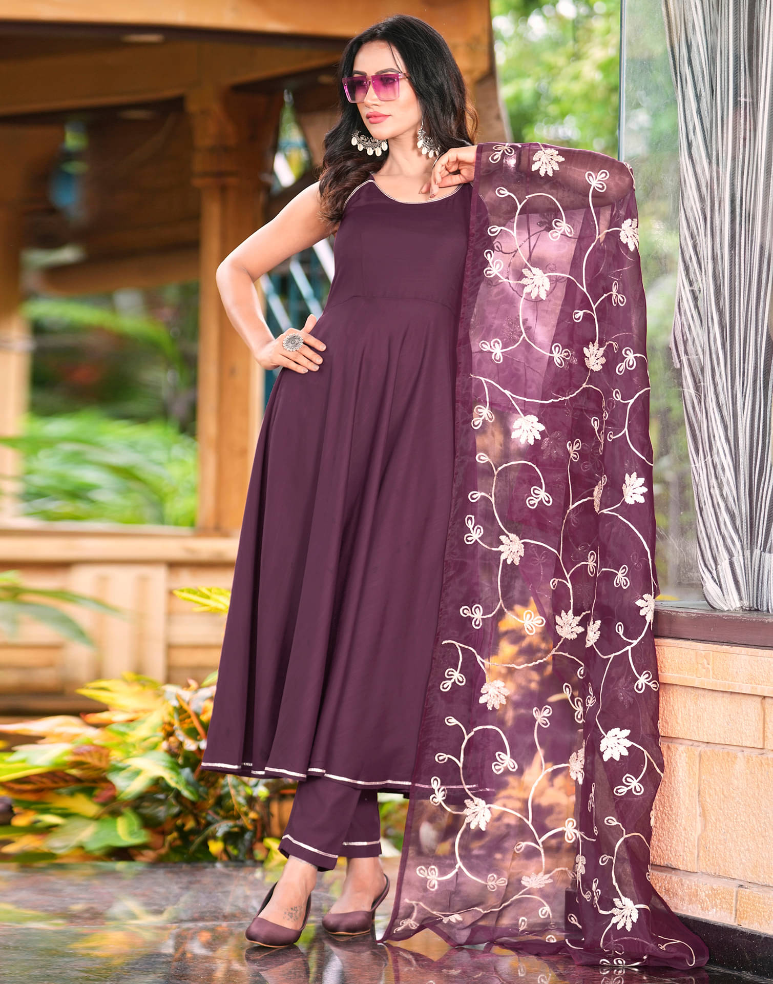     			Skylee Cotton Blend Embellished Kurti With Pants Women's Stitched Salwar Suit - Wine ( Pack of 1 )