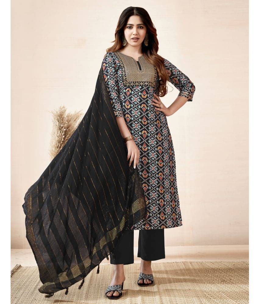 Skylee Cotton Blend Embroidered Kurti With Pants Women's Stitched Salwar Suit - Black ( Pack of 1 ) Skylee Cotton Blend Embroidered Kurti With Pants Women's Stitched Salwar Suit - Black ( Pack of 1 )