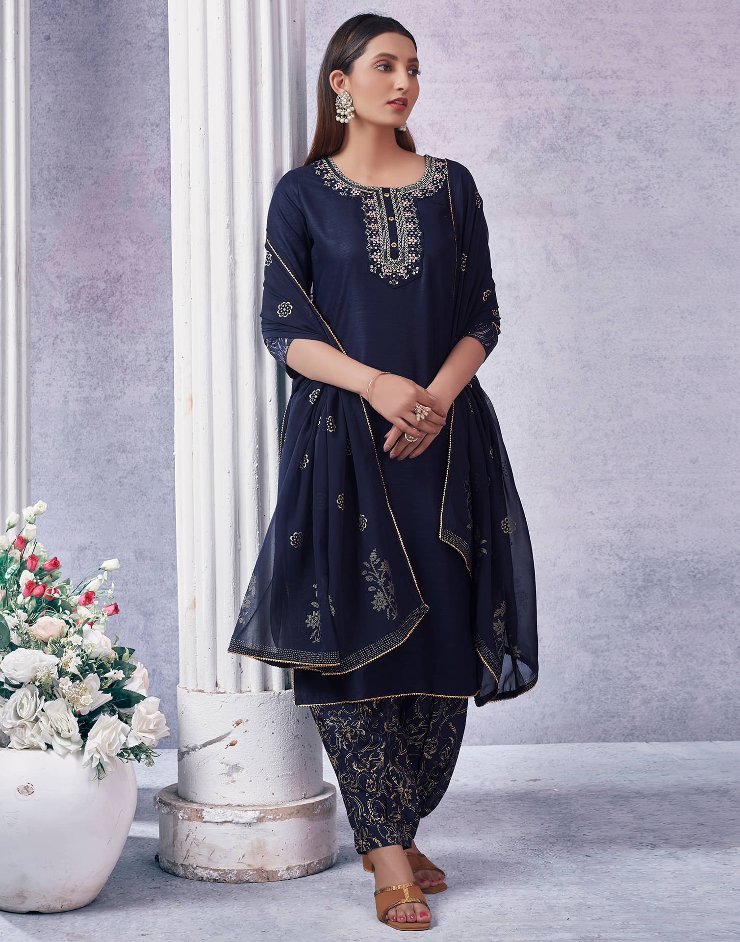 Skylee Cotton Blend Embroidered Kurti With Pants Women's Stitched Salwar Suit - Navy Blue ( Pack of 1 ) Skylee Cotton Blend Embroidered Kurti With Pants Women's Stitched Salwar Suit - Navy Blue ( Pack of 1 )