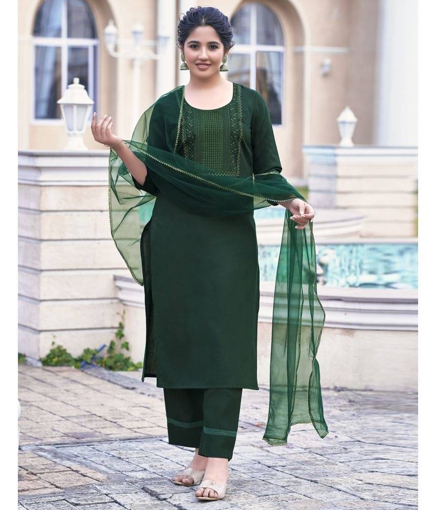     			Skylee Cotton Blend Embroidered Kurti With Pants Women's Stitched Salwar Suit - Green ( Pack of 1 )