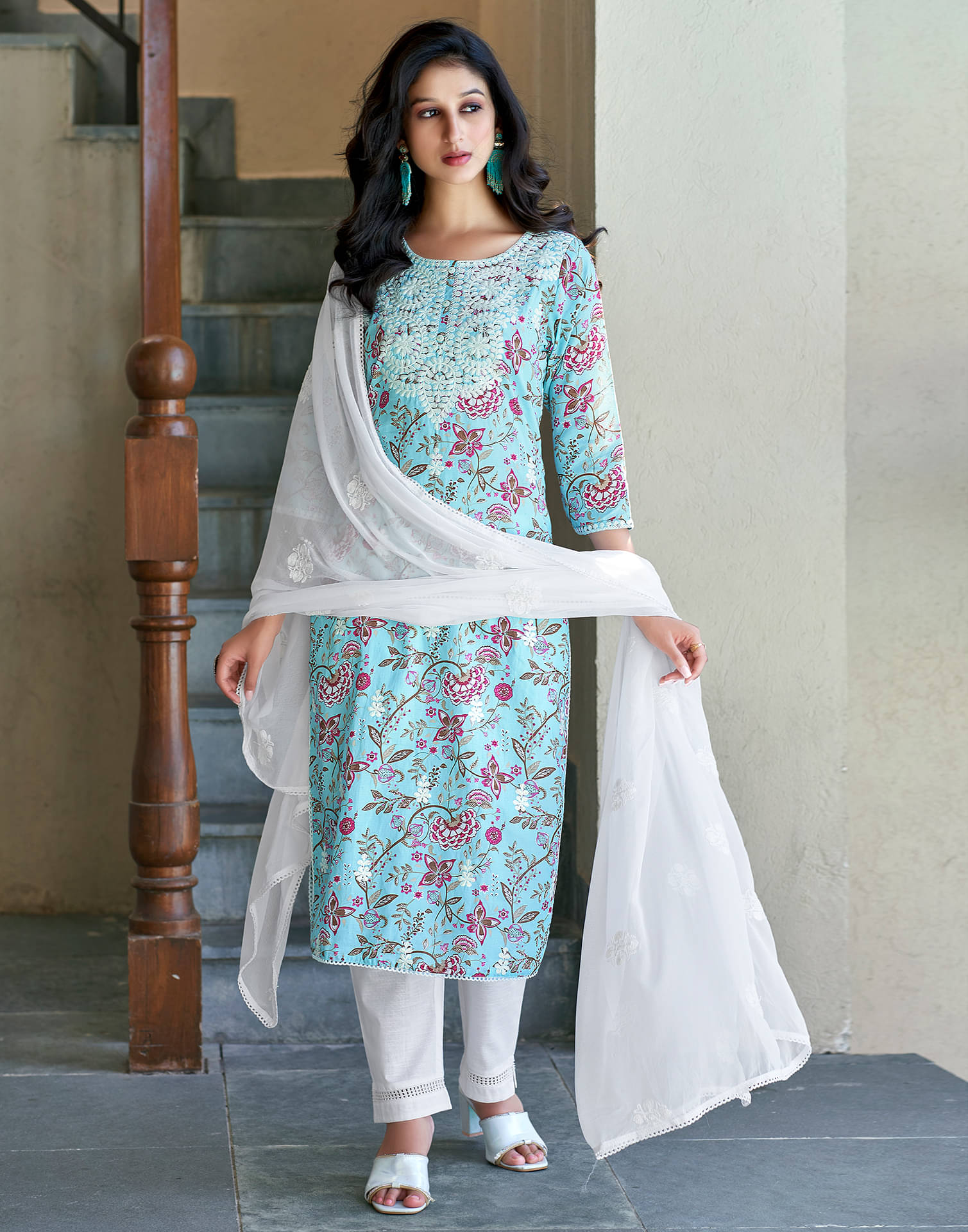 Skylee Cotton Embroidered Kurti With Pants Women's Stitched Salwar Suit - Blue ( Pack of 1 ) Skylee Cotton Embroidered Kurti With Pants Women's Stitched Salwar Suit - Blue ( Pack of 1 )