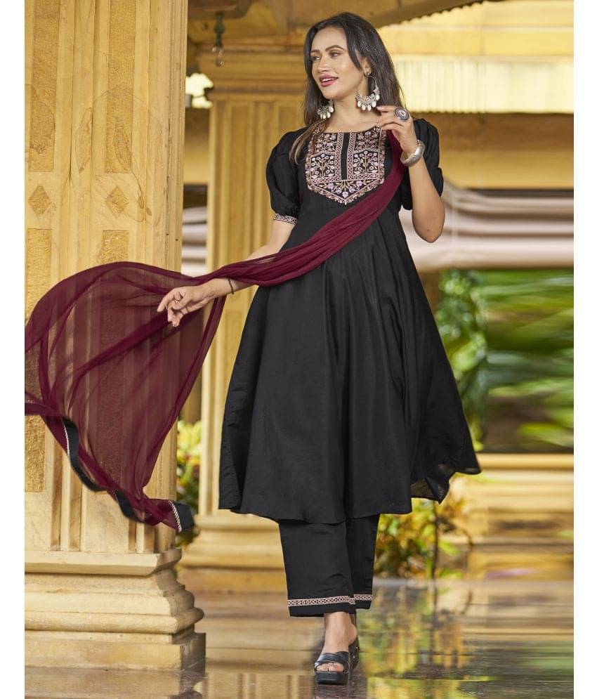     			Skylee Cotton Embroidered Kurti With Pants Women's Stitched Salwar Suit - Black ( Pack of 1 )