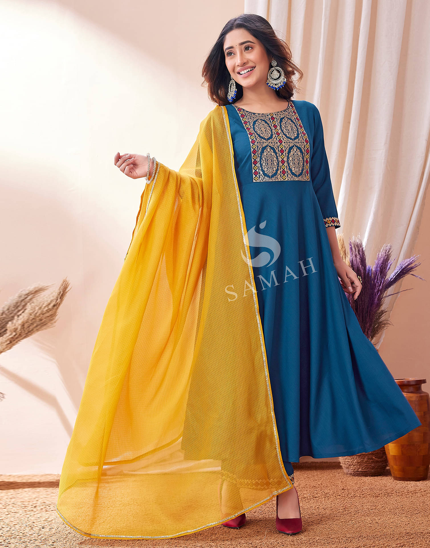     			Skylee Rayon Embroidered Kurti With Pants Women's Stitched Salwar Suit - Navy Blue ( Pack of 1 )