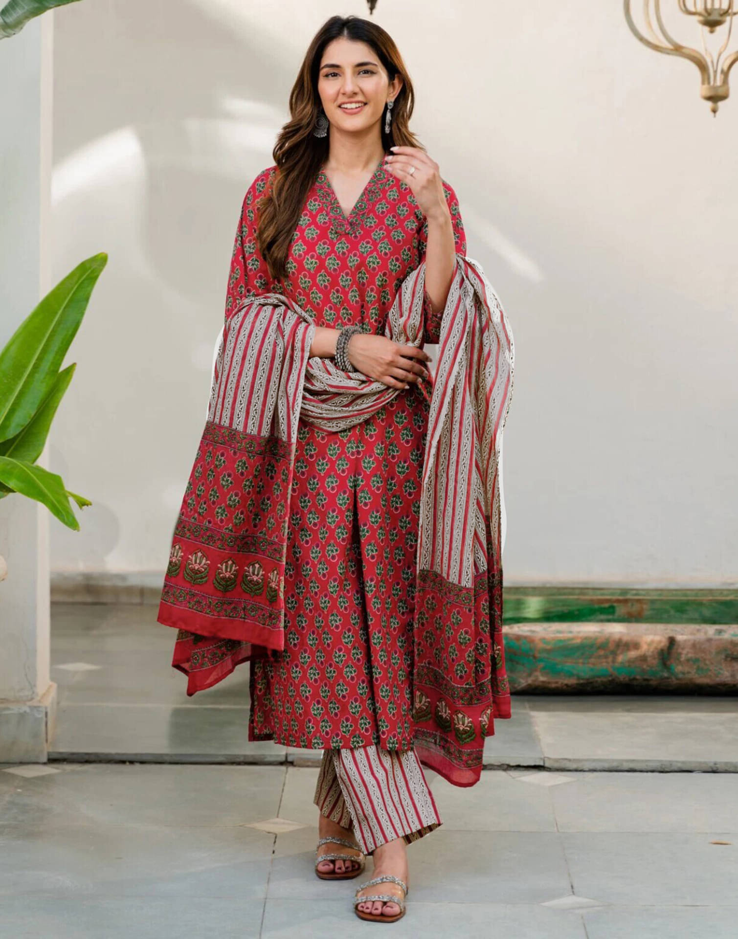     			Skylee Rayon Printed Kurti With Pants Women's Stitched Salwar Suit - Red ( Pack of 1 )