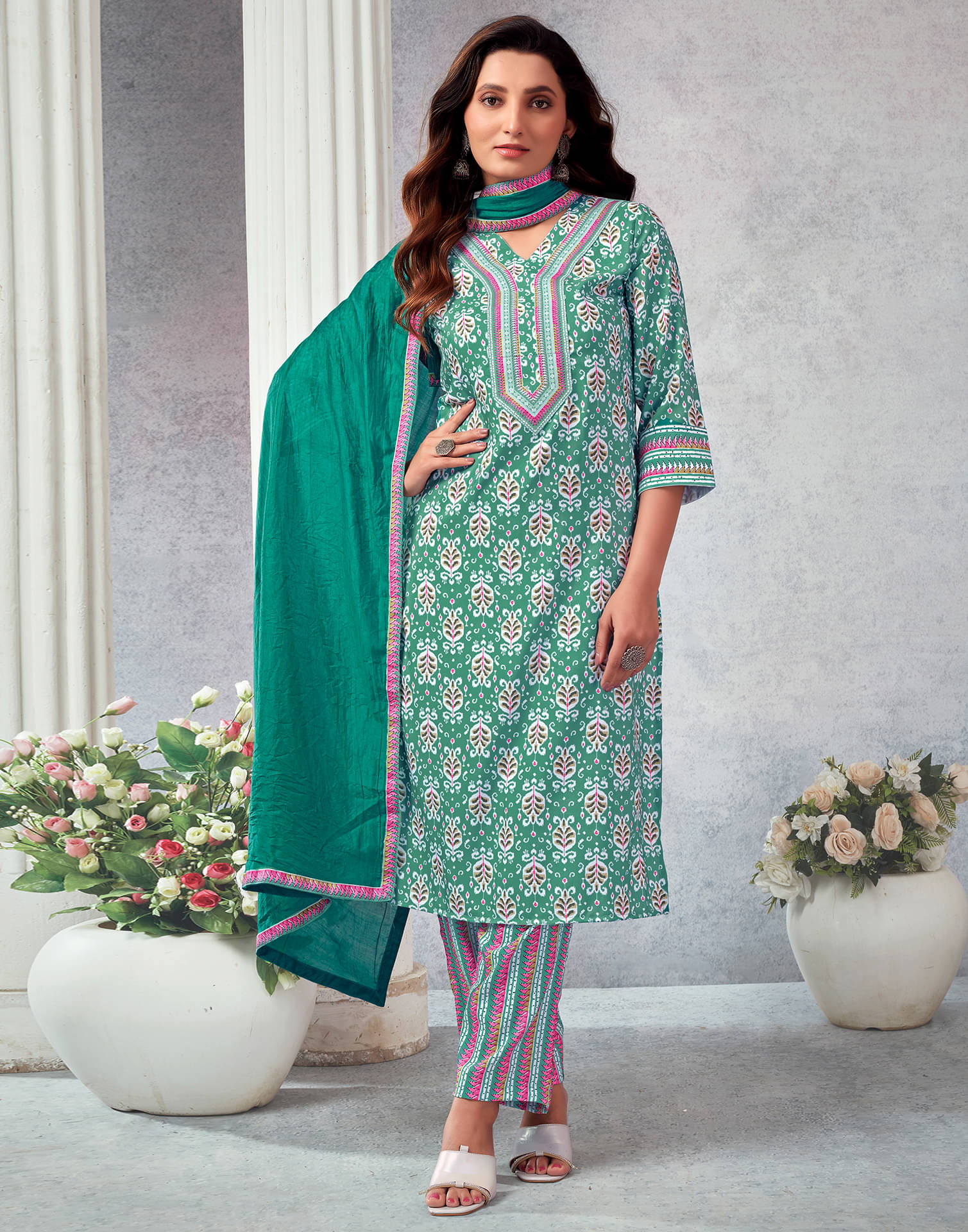     			Skylee Rayon Printed Kurti With Pants Women's Stitched Salwar Suit - Green ( Pack of 1 )