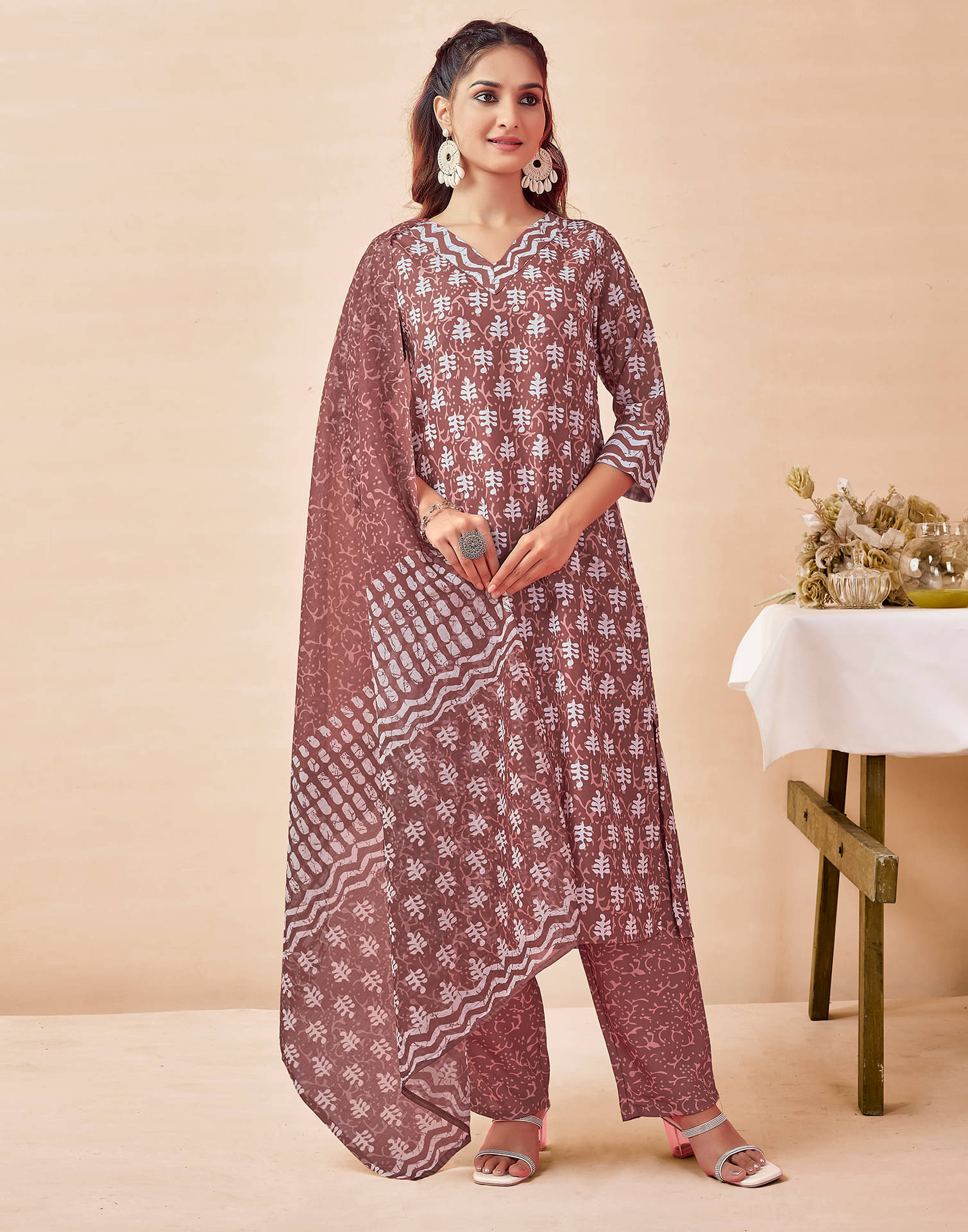     			Skylee Rayon Printed Kurti With Pants Women's Stitched Salwar Suit - Peach ( Pack of 1 )
