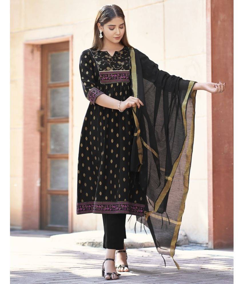 Skylee Rayon Printed Kurti With Pants Women's Stitched Salwar Suit - Black ( Pack of 1 ) Skylee Rayon Printed Kurti With Pants Women's Stitched Salwar Suit - Black ( Pack of 1 )
