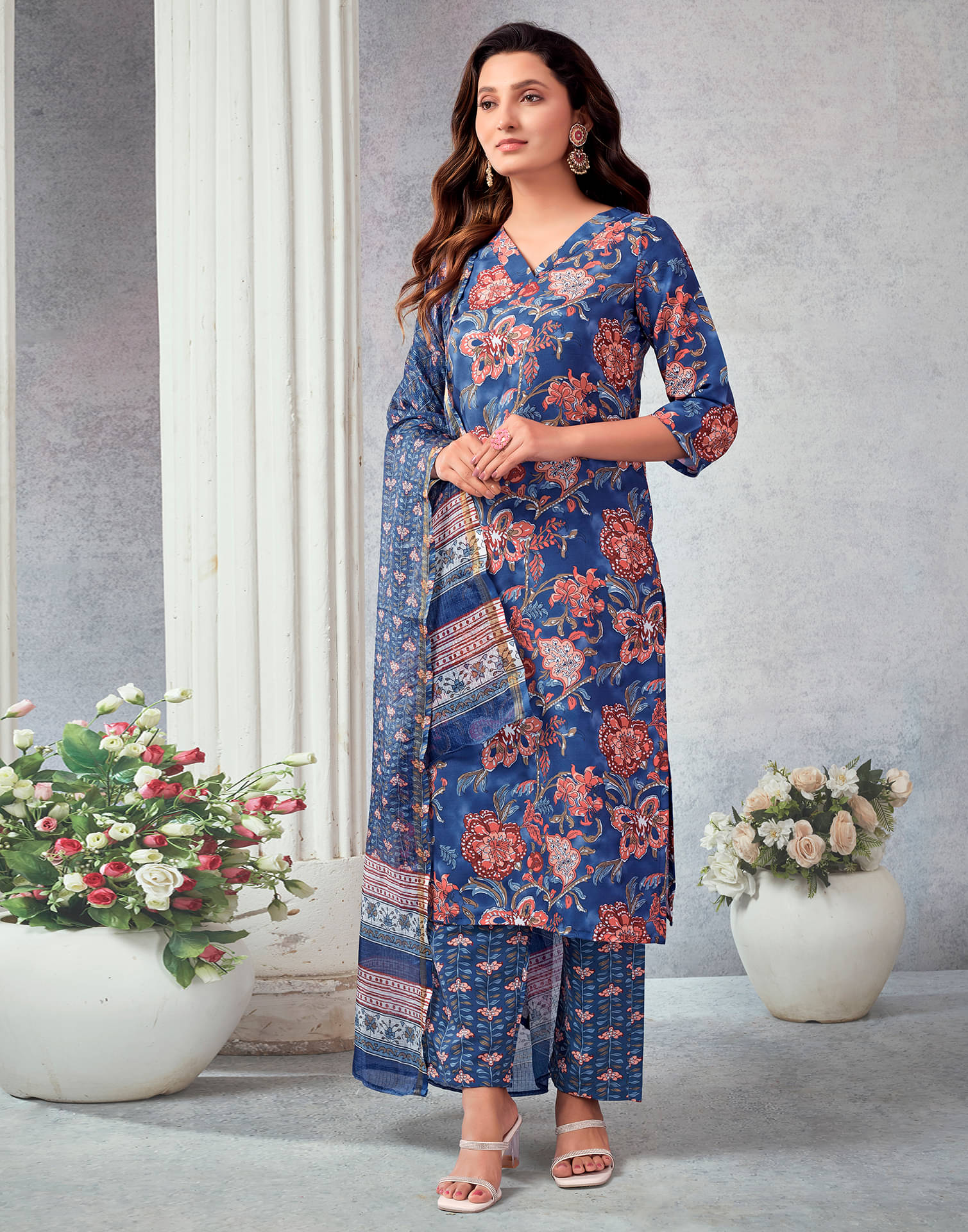     			Skylee Rayon Printed Kurti With Pants Women's Stitched Salwar Suit - Navy Blue ( Pack of 1 )