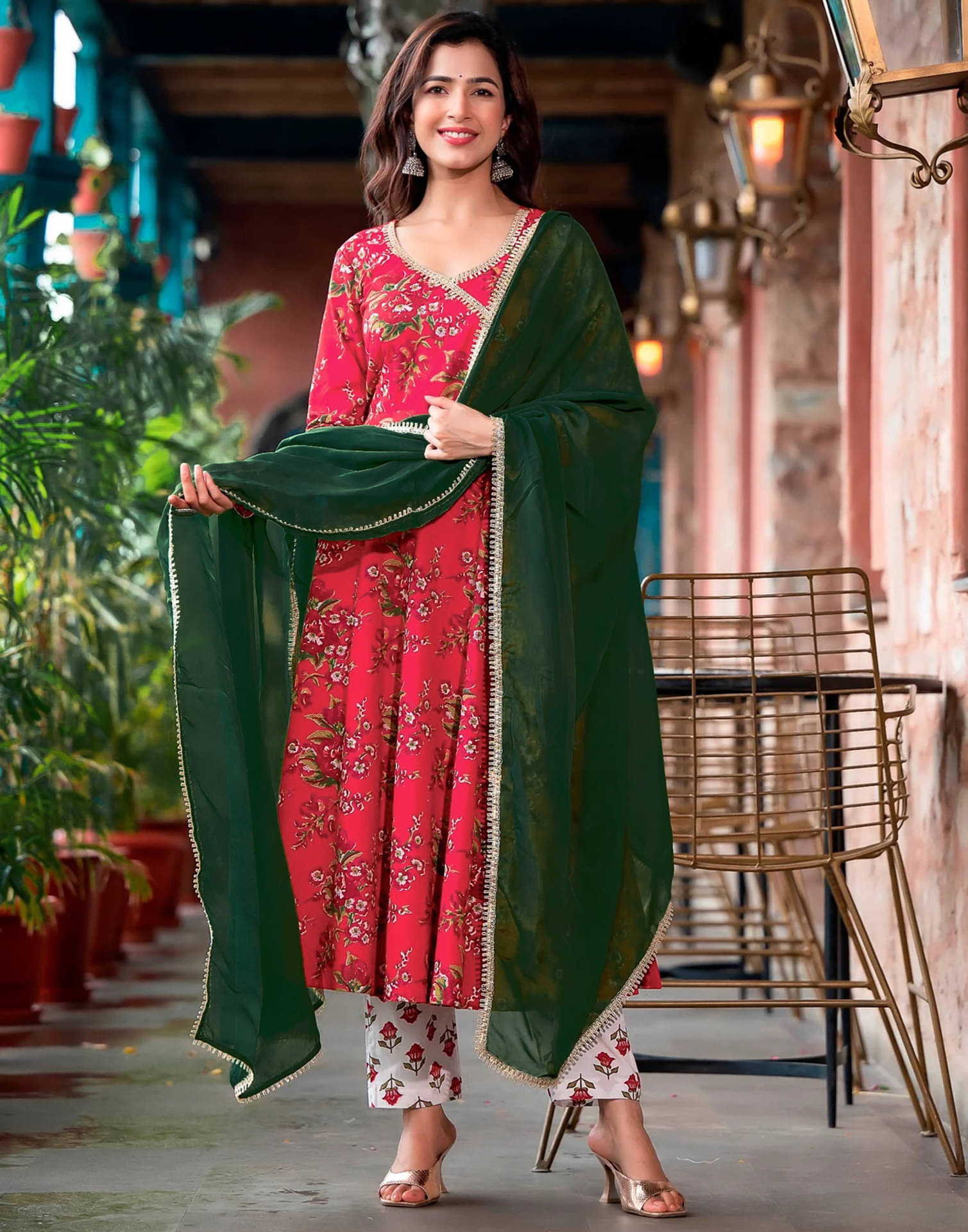     			Skylee Rayon Printed Kurti With Pants Women's Stitched Salwar Suit - Red ( Pack of 1 )