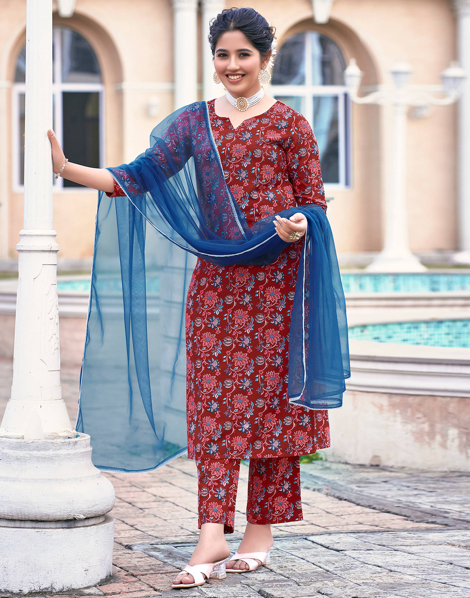     			Skylee Rayon Printed Kurti With Pants Women's Stitched Salwar Suit - Red ( Pack of 1 )