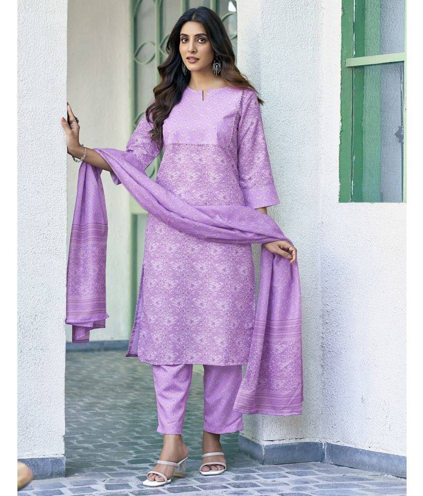     			Skylee Rayon Printed Kurti With Pants Women's Stitched Salwar Suit - Lavender ( Pack of 1 )