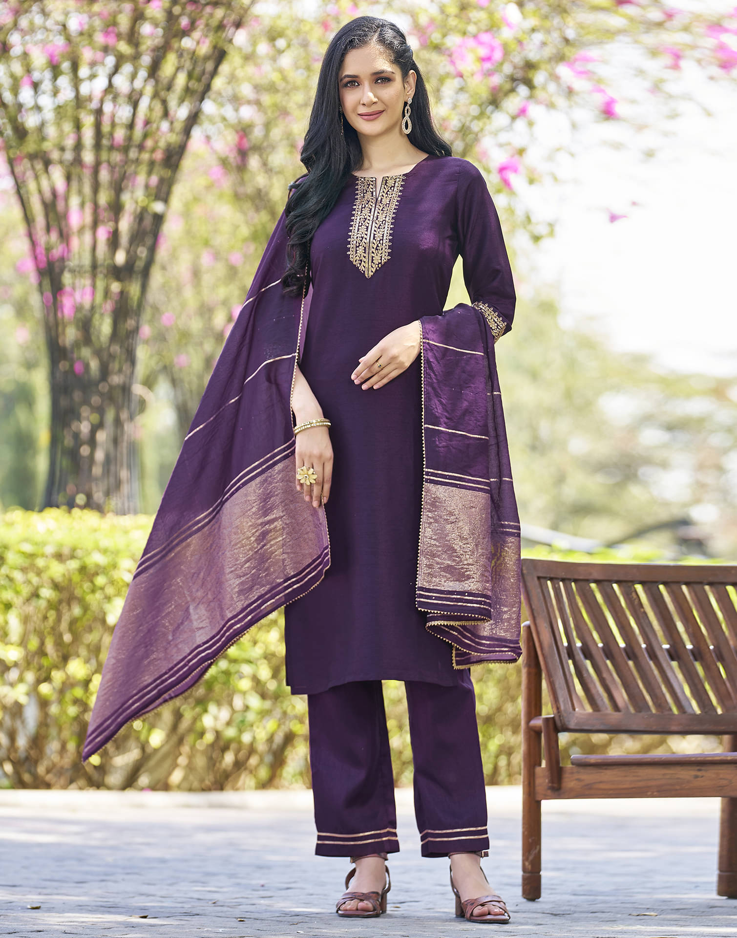     			Skylee Silk Blend Embroidered Kurti With Pants Women's Stitched Salwar Suit - Purple ( Pack of 1 )