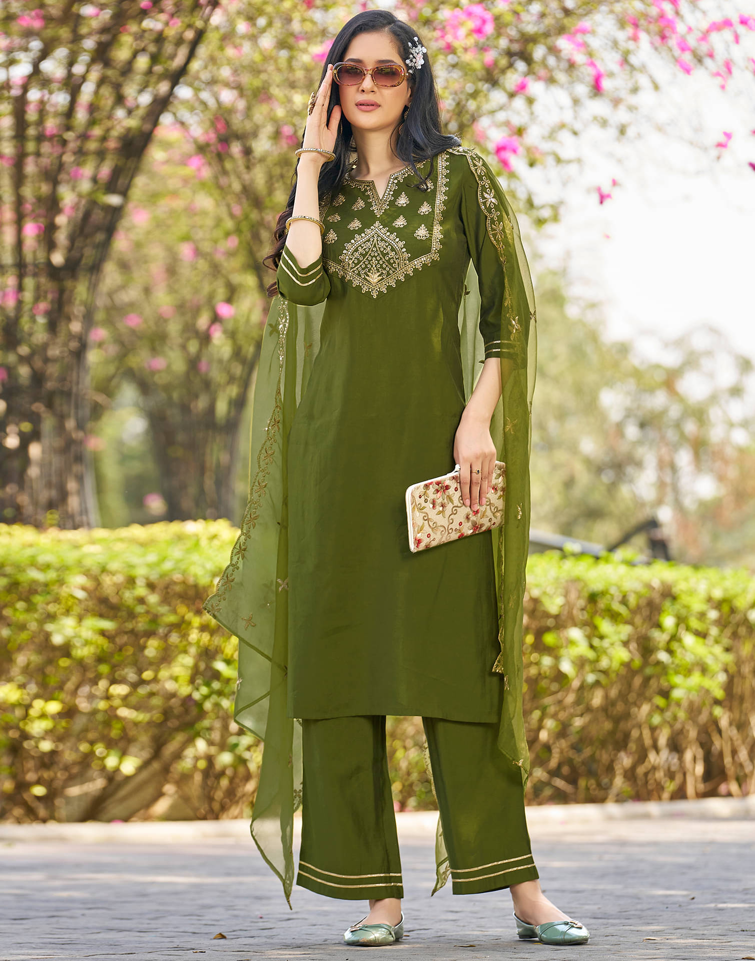     			Skylee Silk Blend Embroidered Kurti With Pants Women's Stitched Salwar Suit - Green ( Pack of 1 )