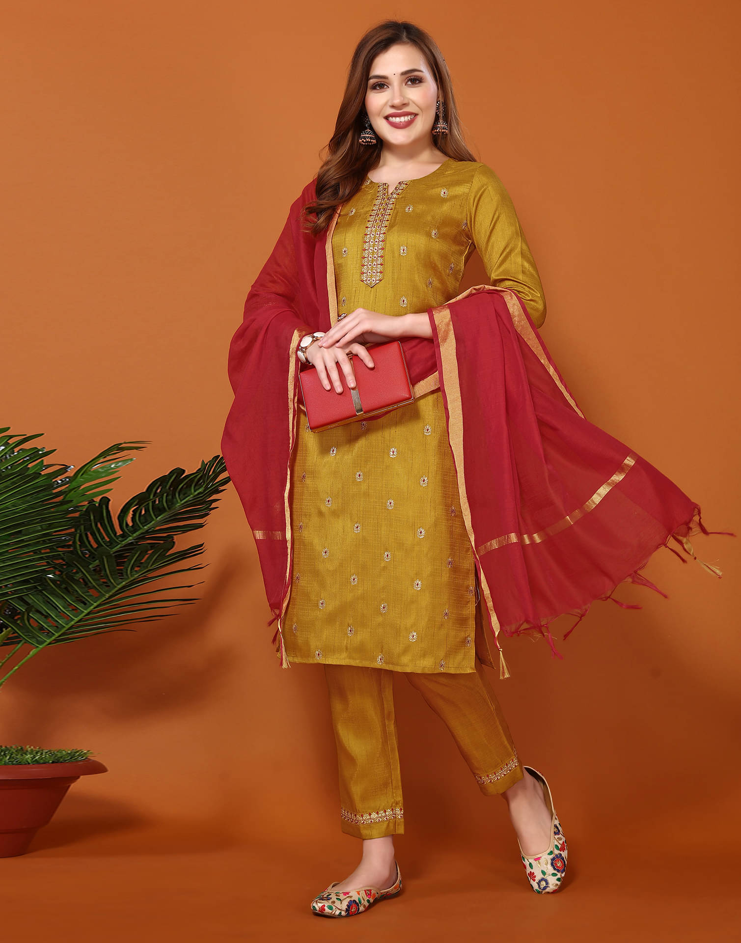     			Skylee Silk Blend Embroidered Kurti With Pants Women's Stitched Salwar Suit - Mustard ( Pack of 1 )