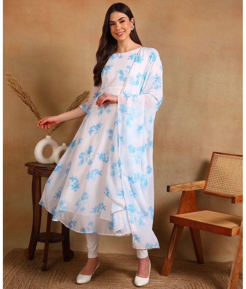DSK STUDIO Georgette Printed Flared Women's Kurti with Dupatta - Blue ( Pack of 1 ) DSK STUDIO Georgette Printed Flared Women's Kurti with Dupatta - Blue ( Pack of 1 )