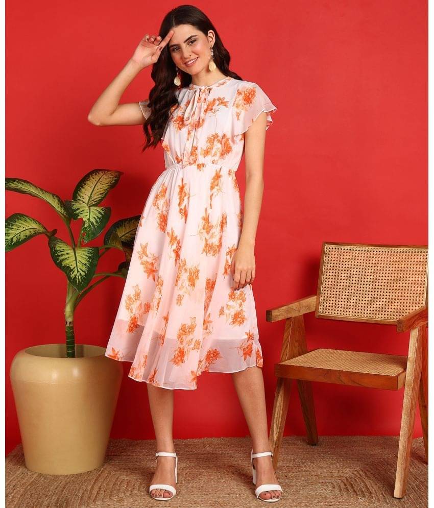     			Hiva Trendz Women Georgette Printed Fit & Flare Dress ( Orange )
