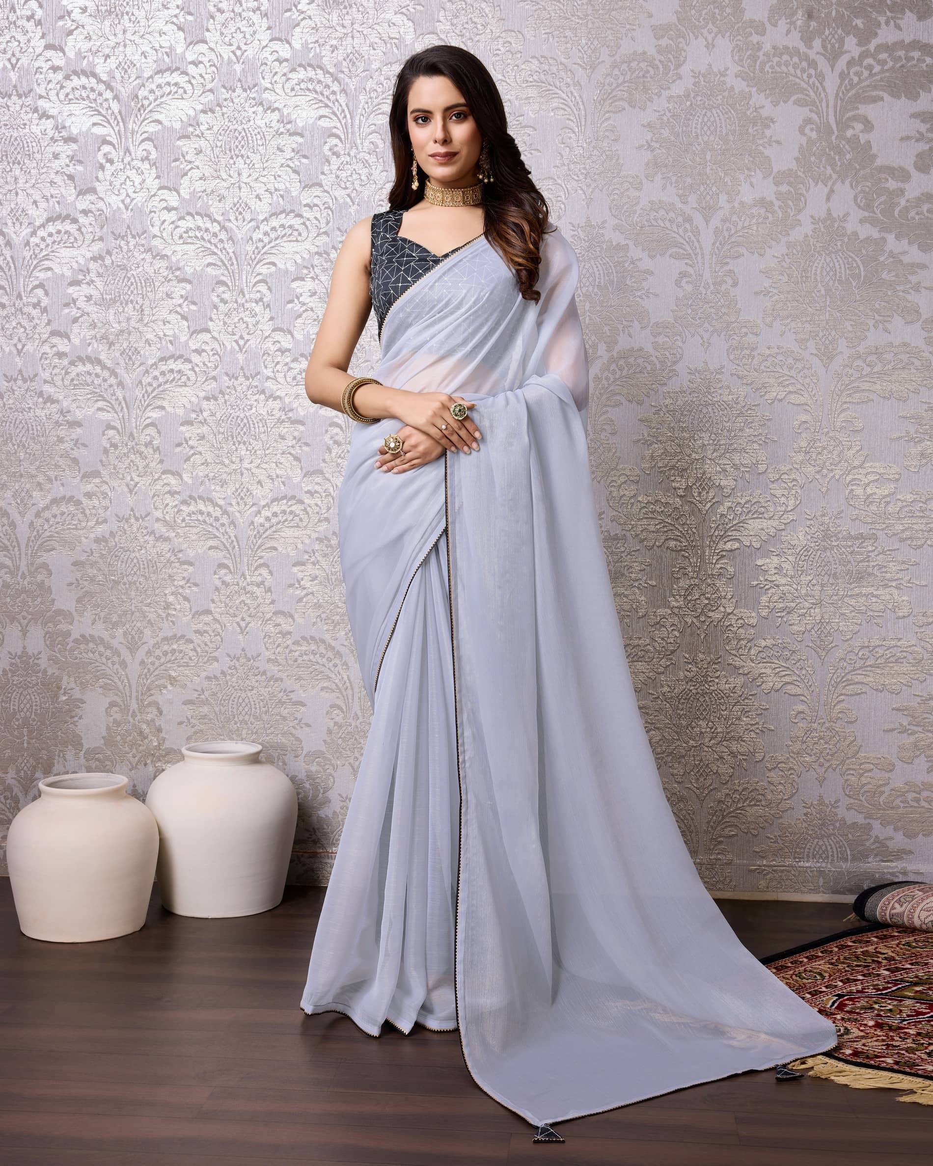 Rekha Maniyar Chiffon Woven Saree With Unstitched Blouse Piece ( Grey ) - Sarees | Buy online on ZillyBuy