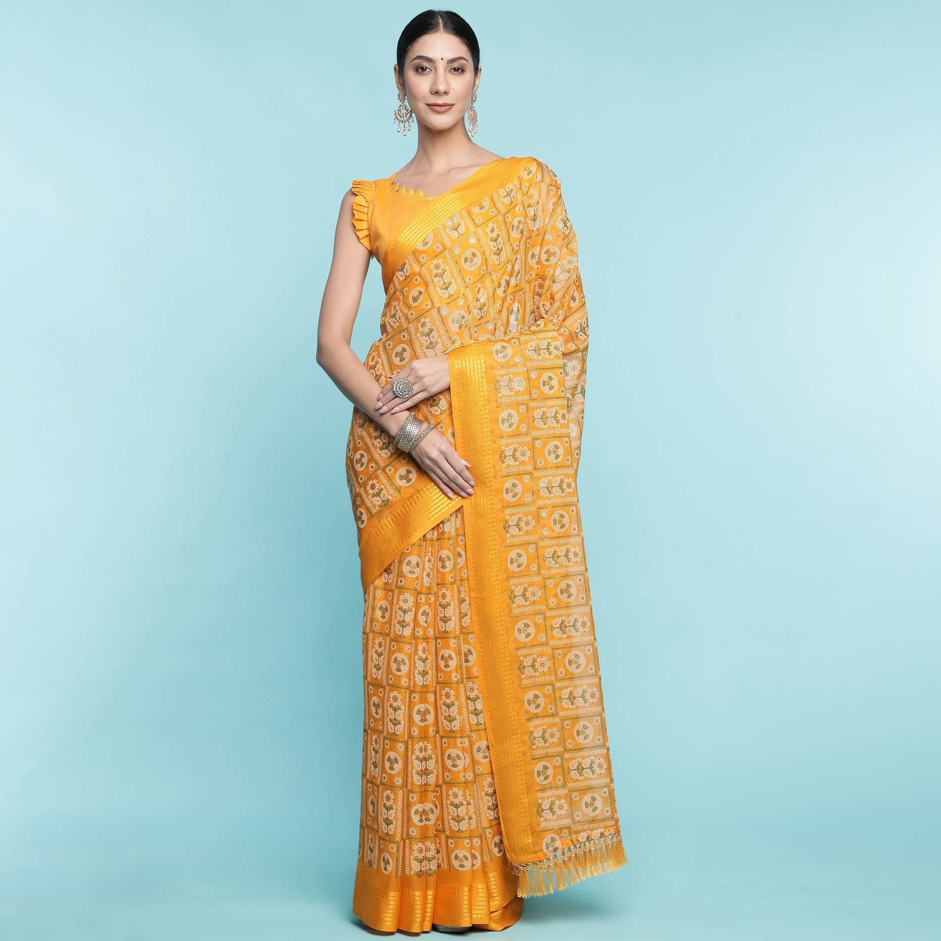 Rekha Maniyar Georgette Printed Saree With Unstitched Blouse Piece ( Yellow ) Rekha Maniyar Georgette Printed Saree With Unstitched Blouse Piece ( Yellow )