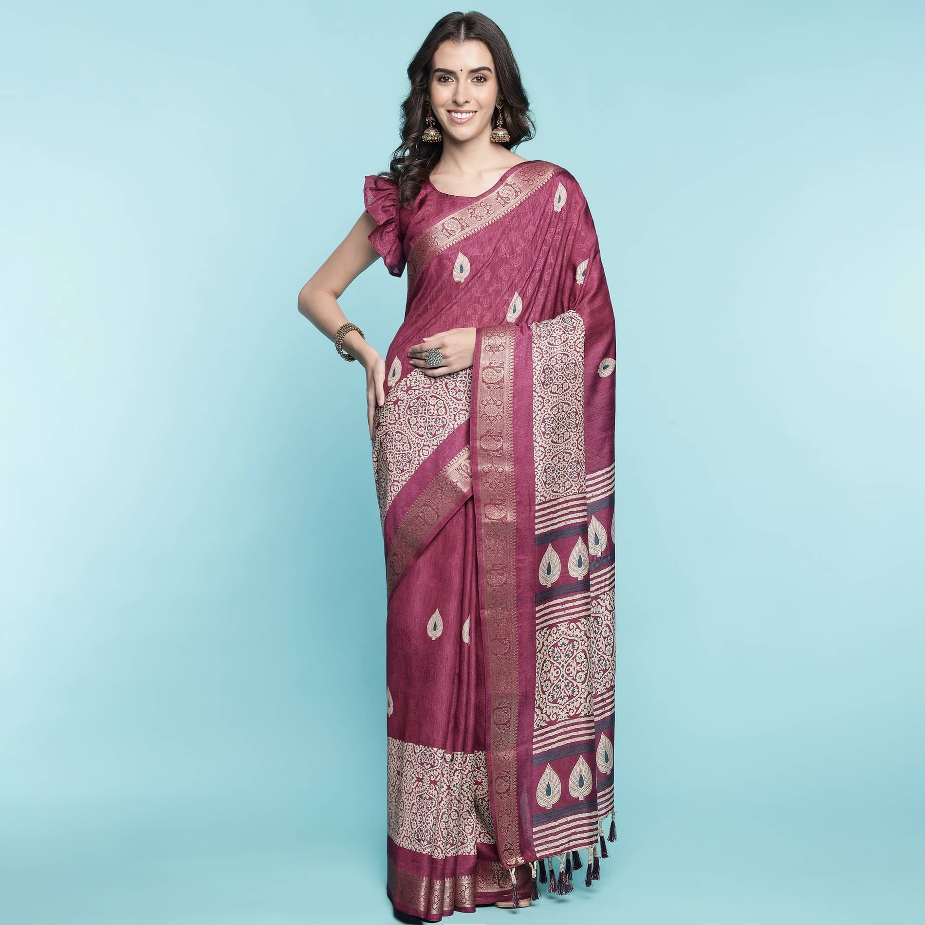     			Rekha Maniyar Silk Blend Woven Saree With Unstitched Blouse Piece ( Purple )