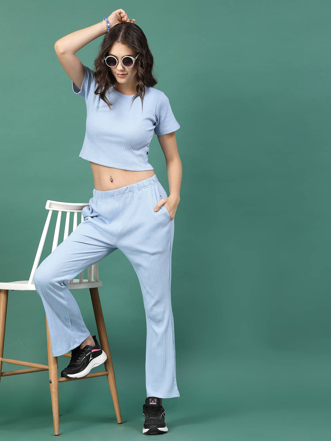     			Rigo Women Striped Top With Trousers Co-Ord Set ( Light Blue )