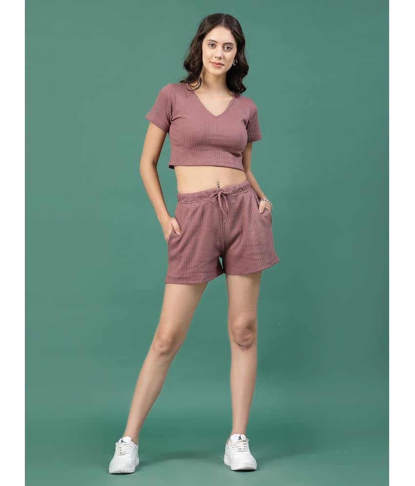 Rigo Women Striped Top With Shorts Co-Ord Set ( Purple )