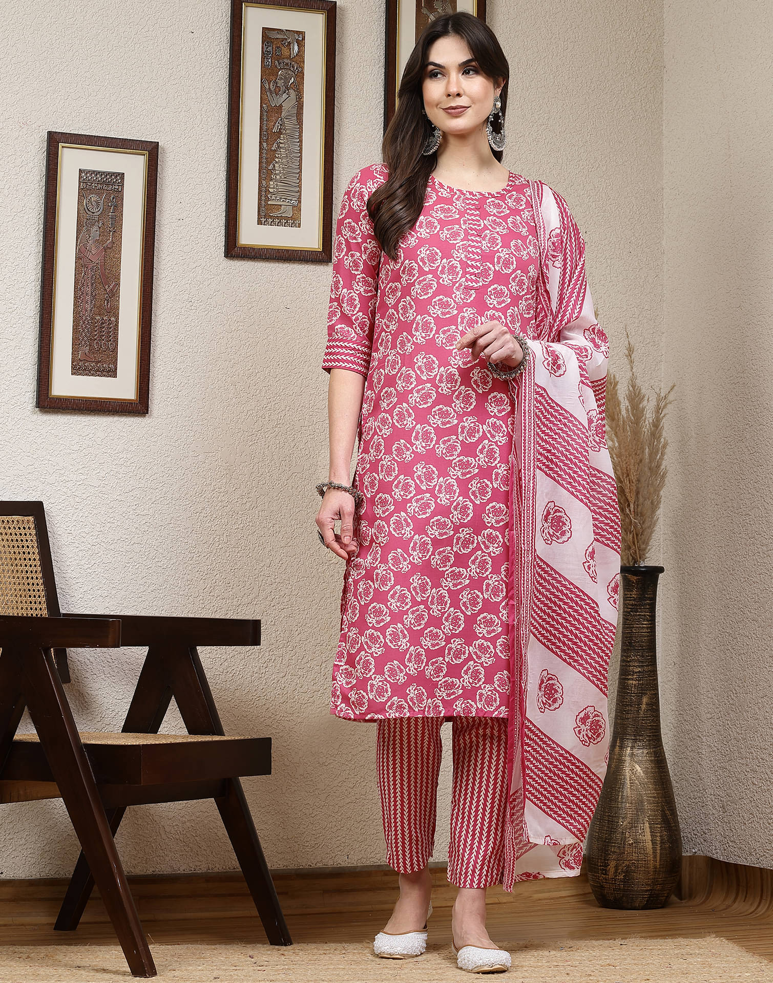     			Skylee Cotton Blend Printed Kurti With Pants Women's Stitched Salwar Suit - Pink ( Pack of 1 )