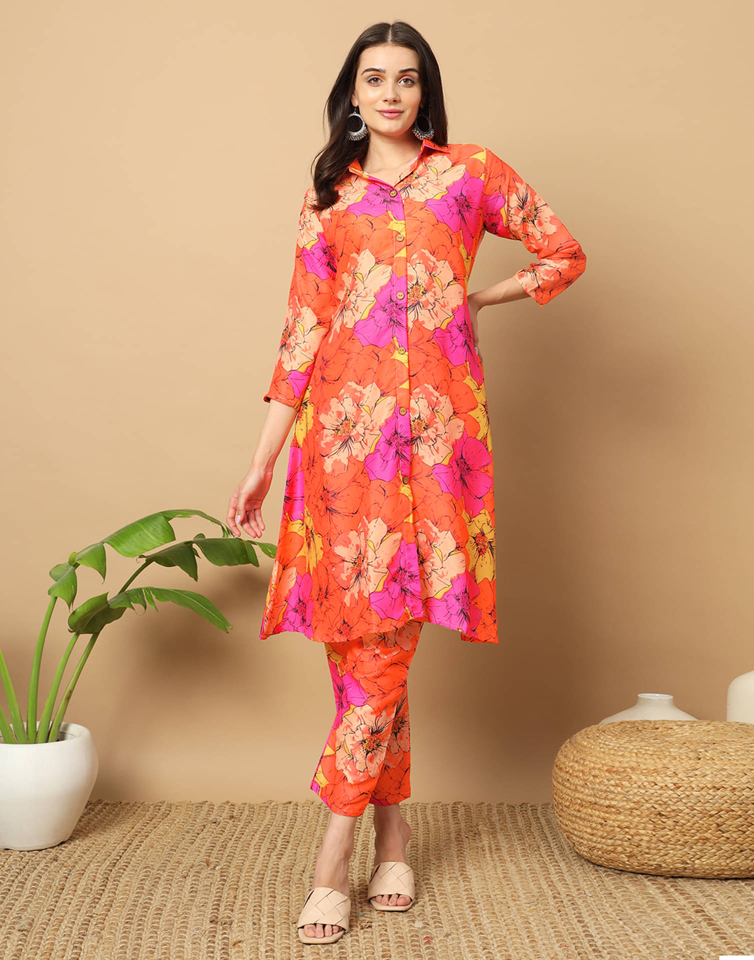     			Skylee Cotton Silk Printed Kurti With Pants Women's Stitched Salwar Suit - Orange ( Pack of 1 )