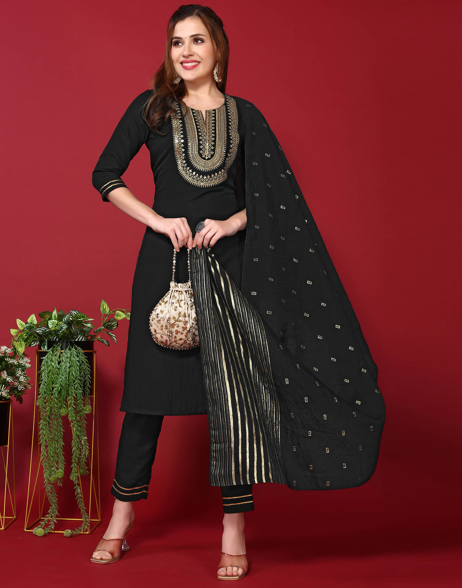     			Skylee Rayon Embroidered Kurti With Pants Women's Stitched Salwar Suit - Black ( Pack of 1 )
