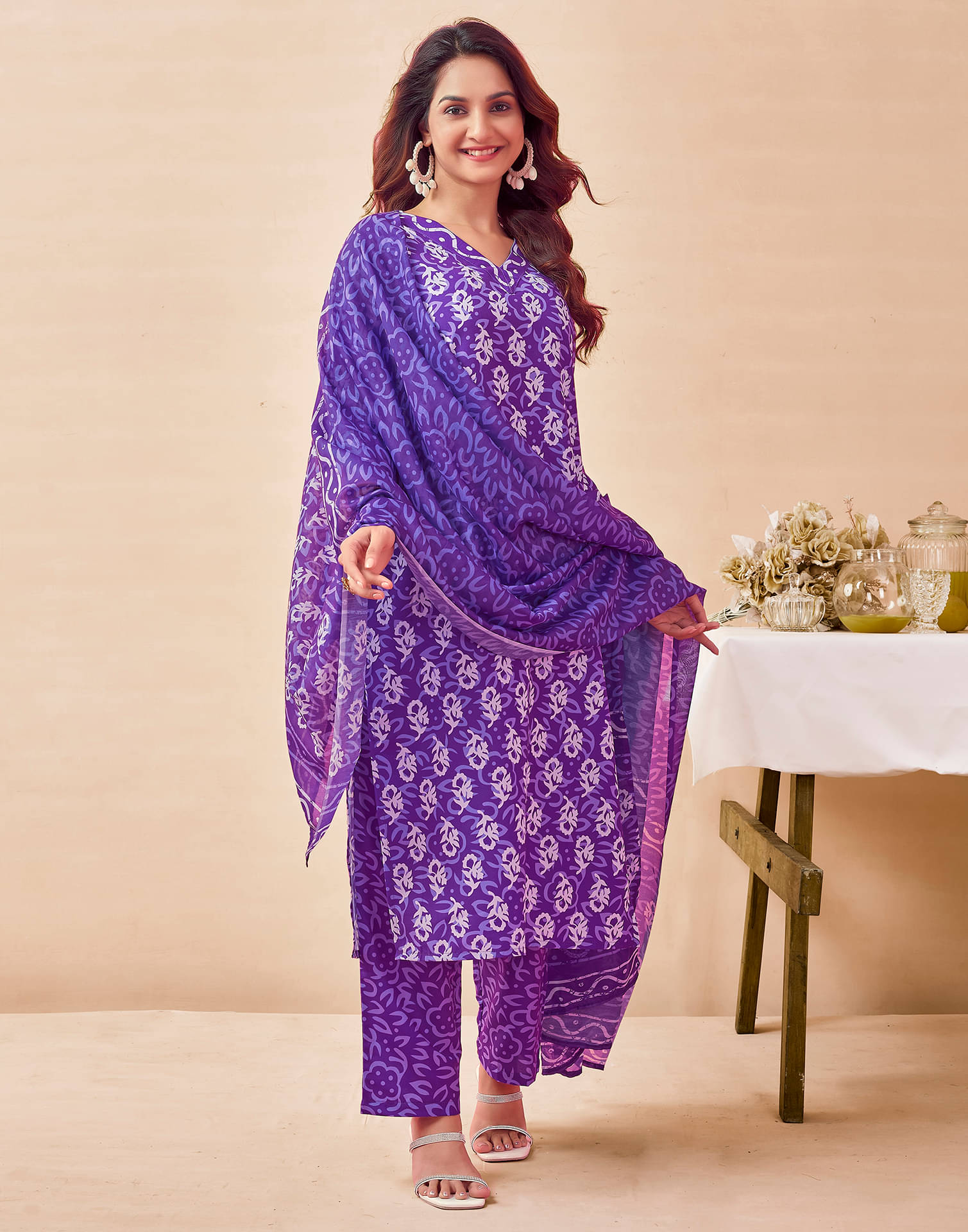     			Skylee Rayon Printed Kurti With Pants Women's Stitched Salwar Suit - Purple ( Pack of 1 )