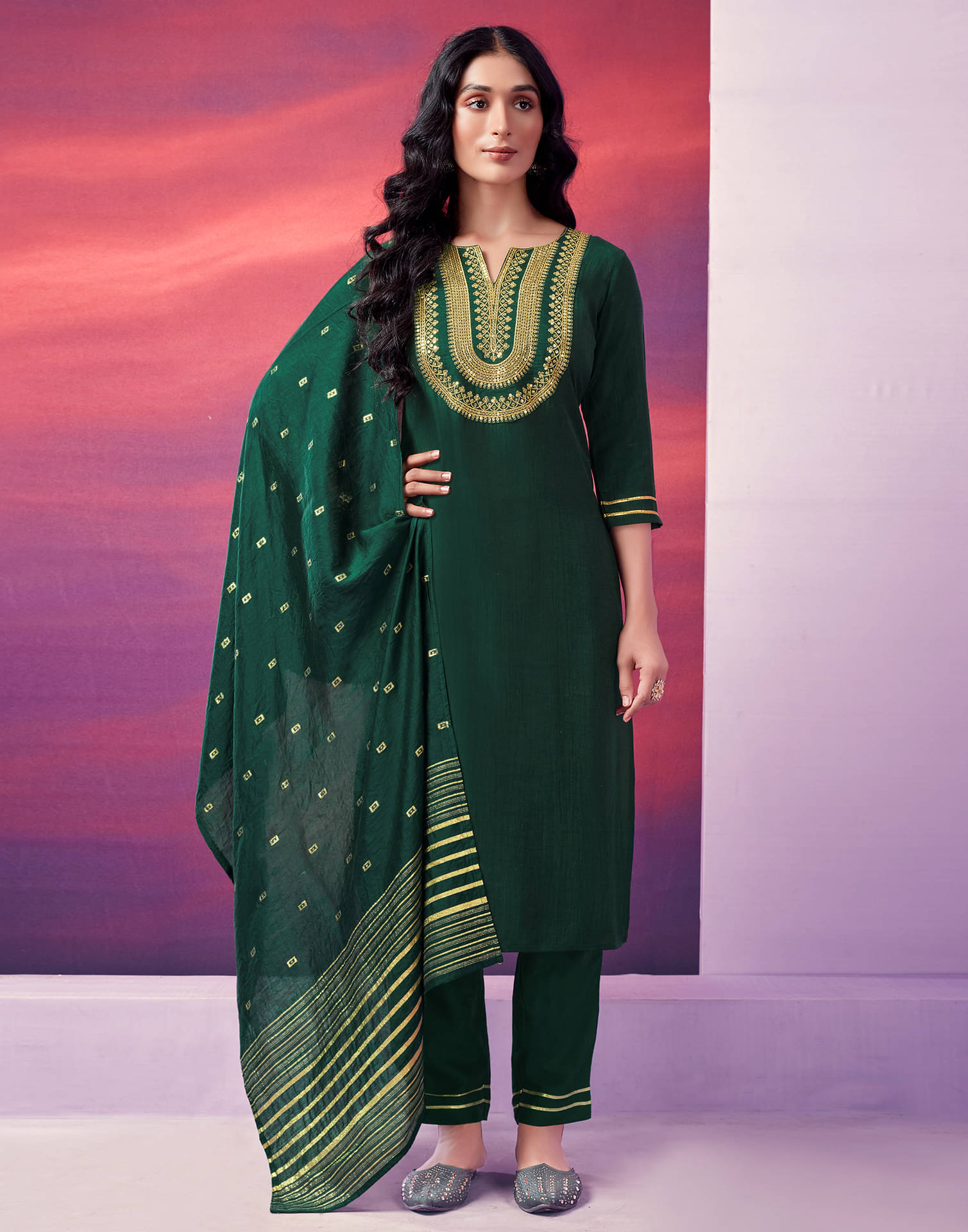     			Skylee Silk Blend Embroidered Kurti With Pants Women's Stitched Salwar Suit - Green ( Pack of 1 )