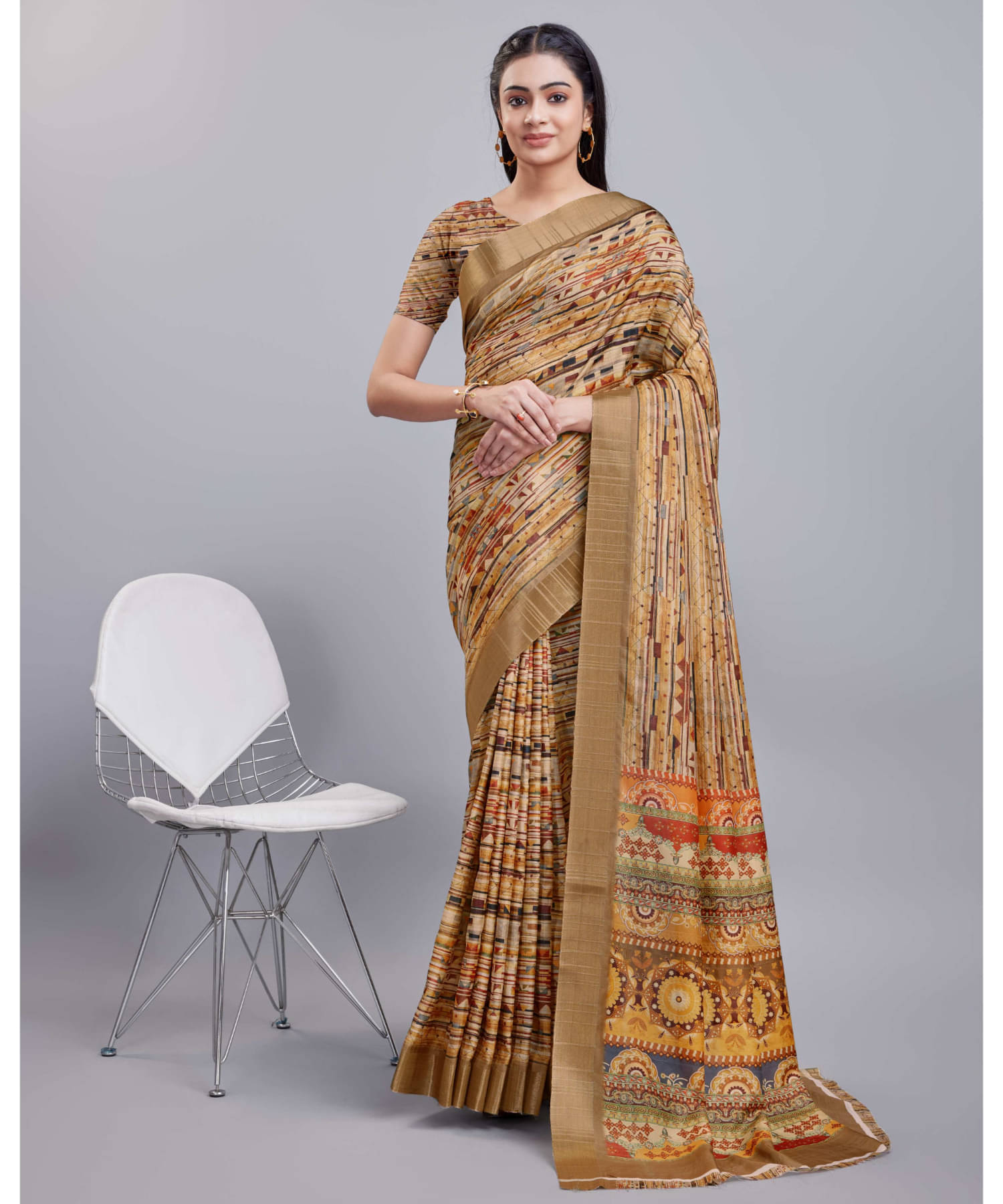 Aadvik Cotton Silk Printed Saree With Unstitched Blouse Piece ( Brown ) Aadvik Cotton Silk Printed Saree With Unstitched Blouse Piece ( Brown )