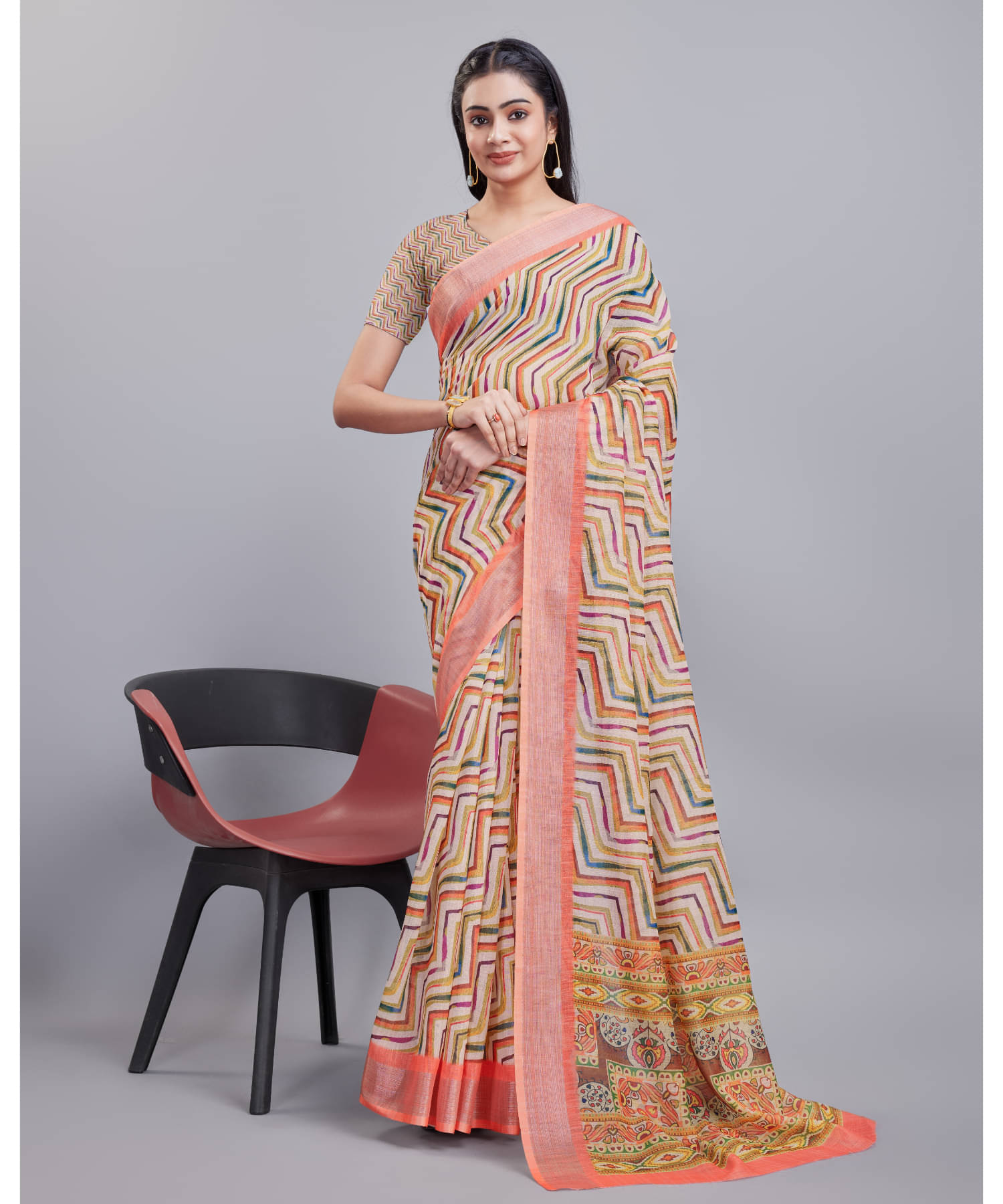 Aadvik Linen Printed Saree With Unstitched Blouse Piece ( Multicolour ) Aadvik Linen Printed Saree With Unstitched Blouse Piece ( Multicolour )