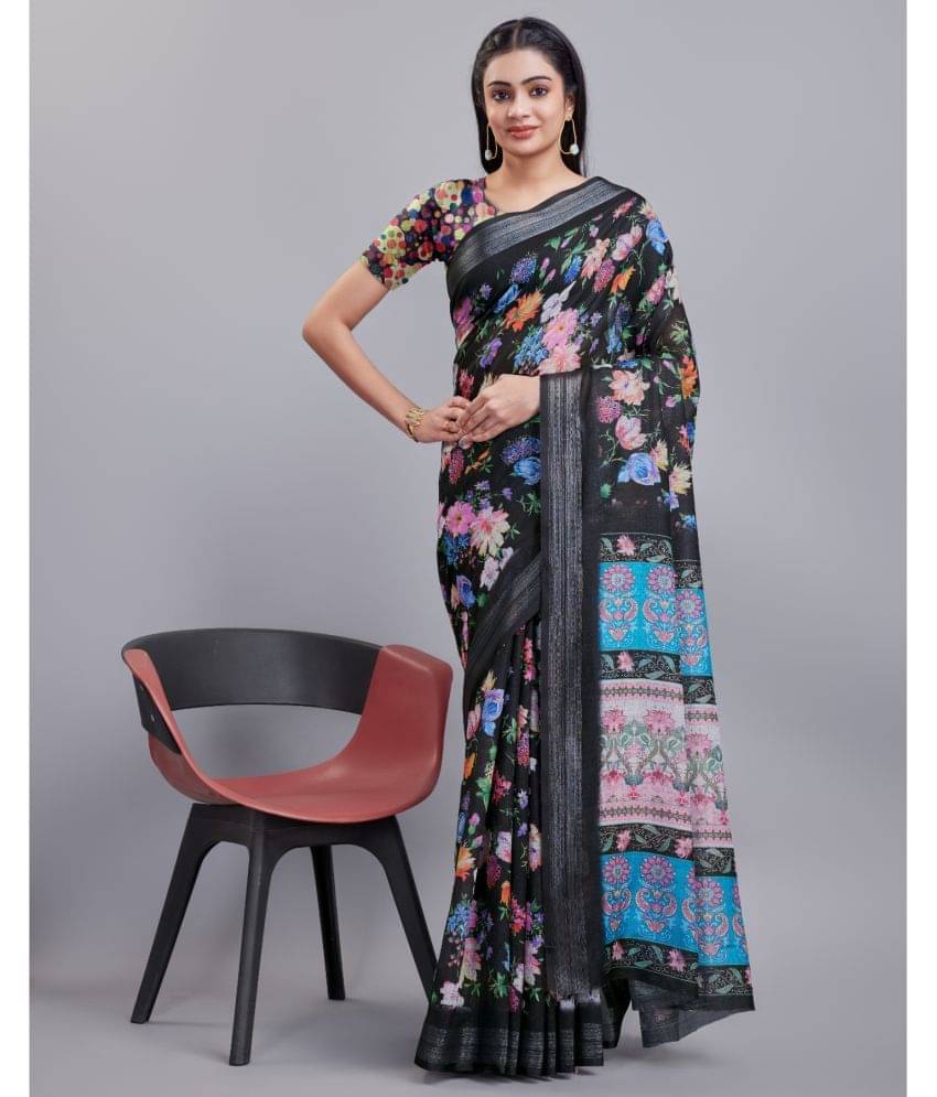 Aadvik Linen Printed Saree With Unstitched Blouse Piece ( Black ) Aadvik Linen Printed Saree With Unstitched Blouse Piece ( Black )