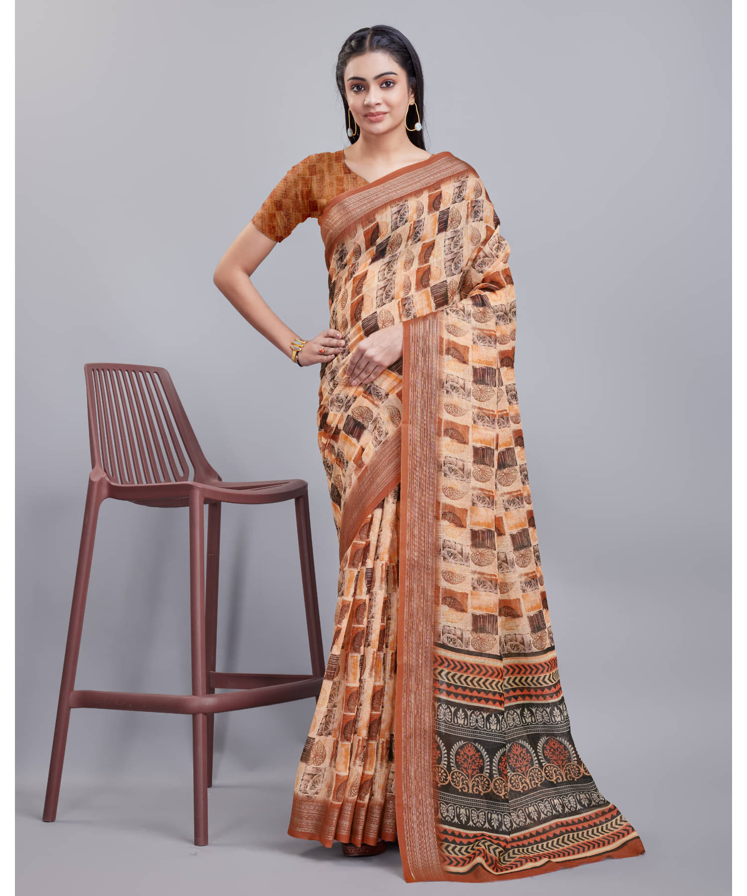Aadvik Linen Printed Saree With Unstitched Blouse Piece ( Multicolour ) Aadvik Linen Printed Saree With Unstitched Blouse Piece ( Multicolour )