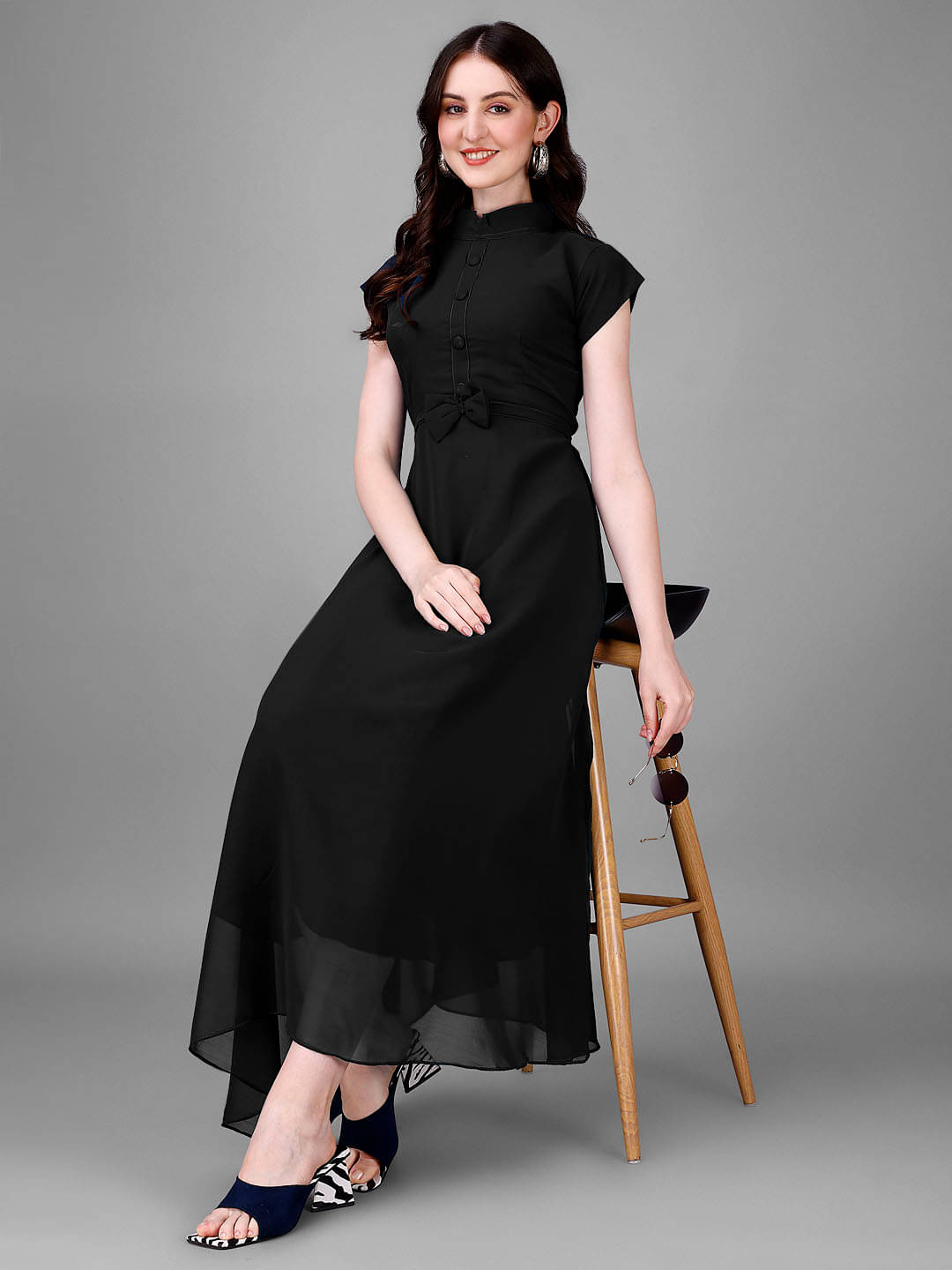     			Femvy Women Georgette Solid Fit & Flare Dress ( Black )