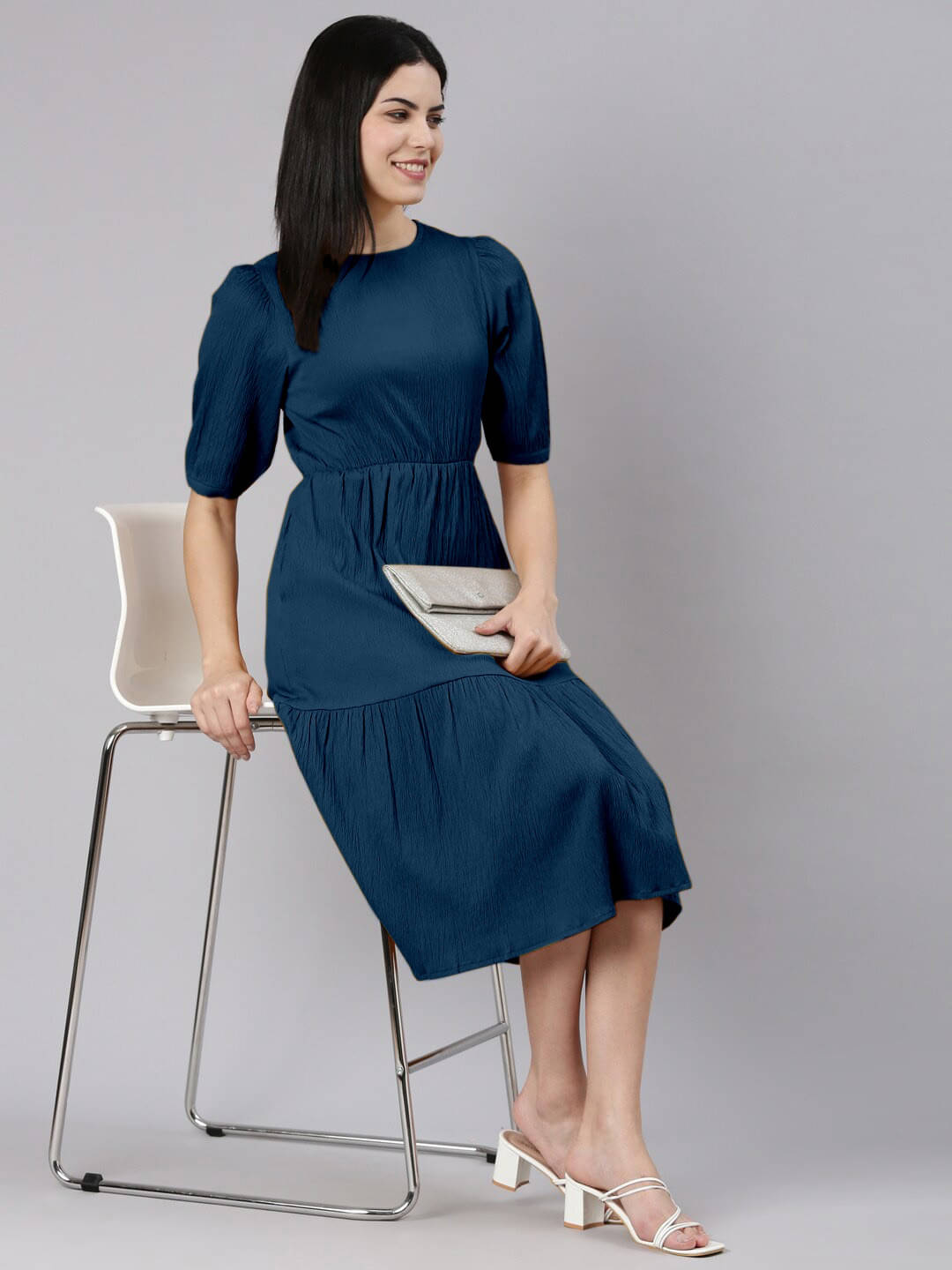Femvy Women Polyester Solid Fit & Flare Dress ( Blue ) Femvy Women Polyester Solid Fit & Flare Dress ( Blue )