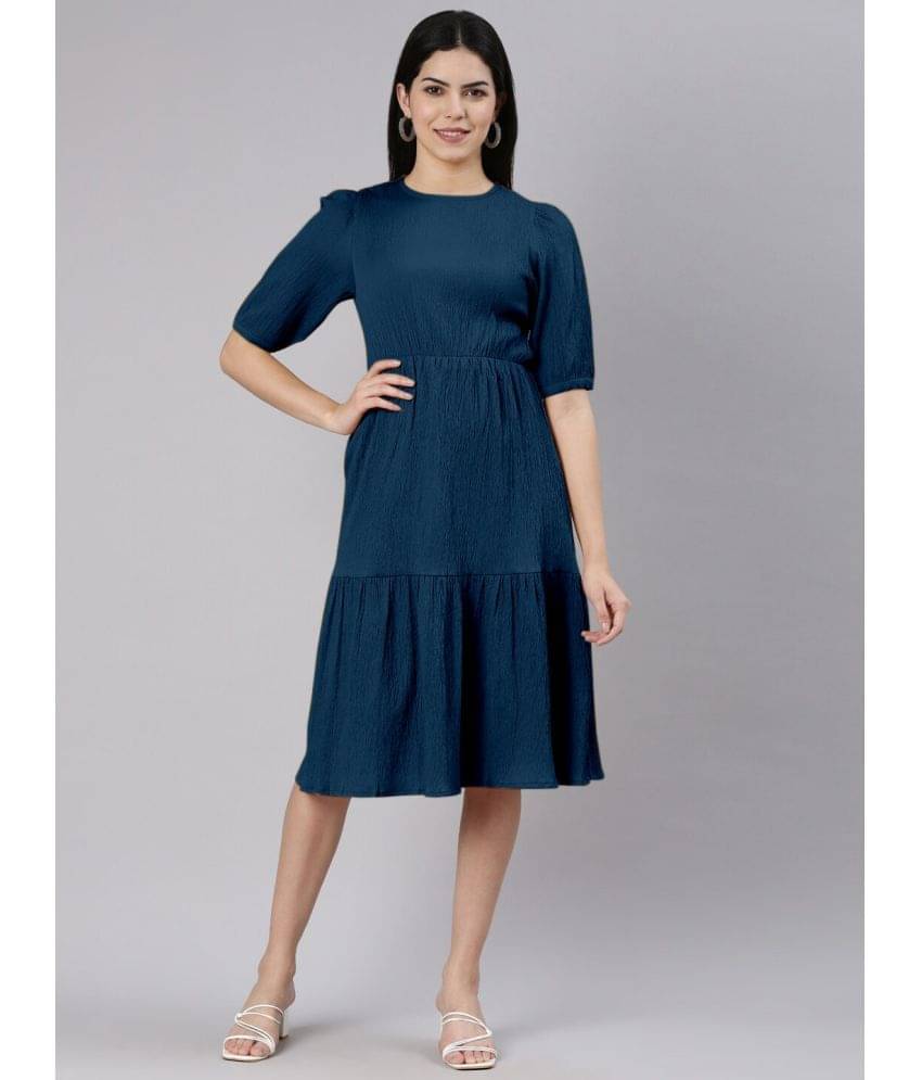 JASH CREATION Women Polyester Solid Fit & Flare Dress ( Blue ) JASH CREATION Women Polyester Solid Fit & Flare Dress ( Blue )