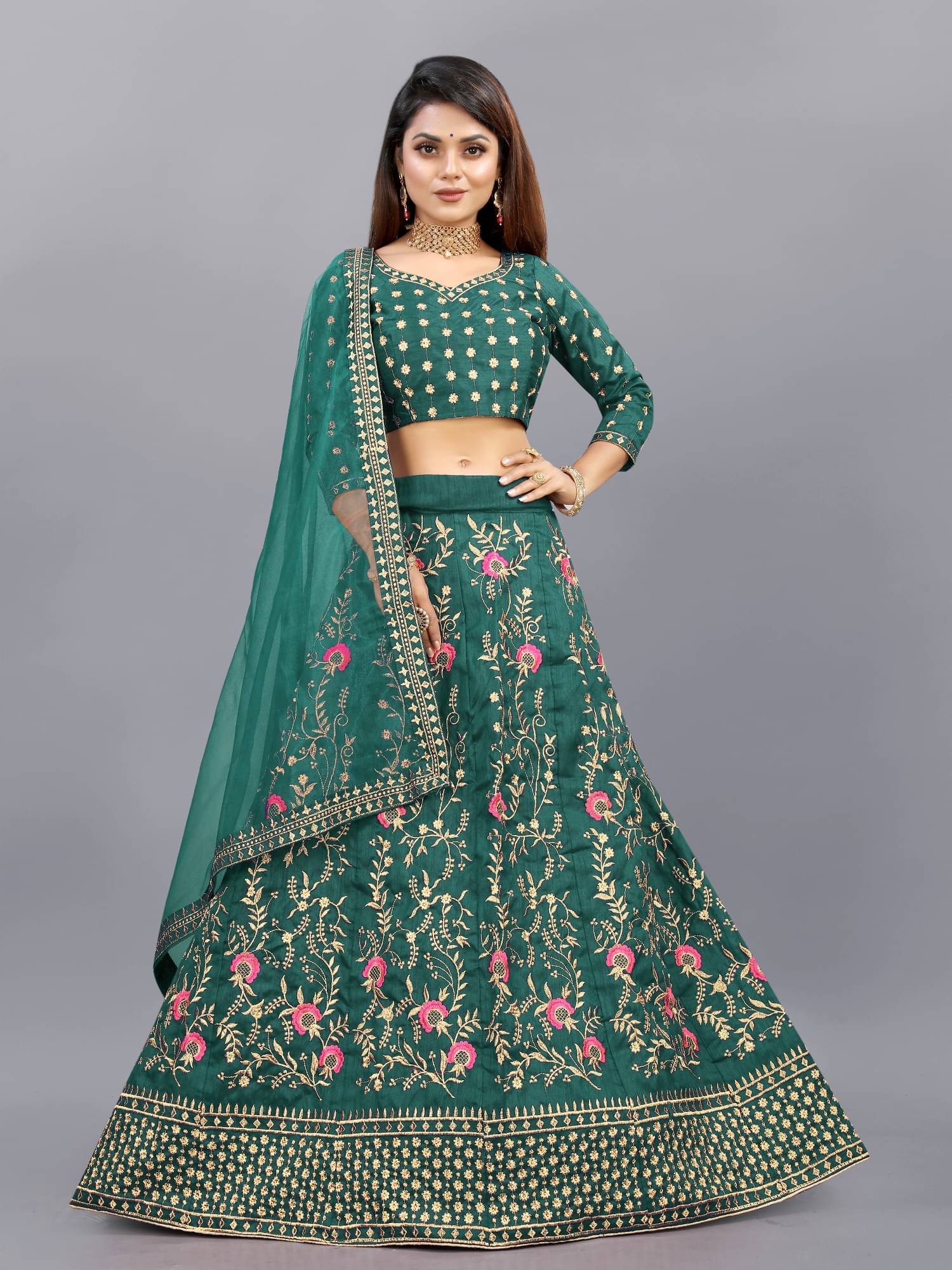 JULEE Green Bangalore Silk Unstitched Unstitched Lehenga Single JULEE Green Bangalore Silk Unstitched Unstitched Lehenga Single