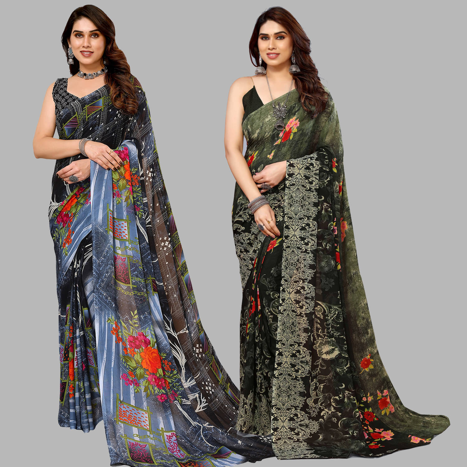     			Kashvi Sarees Georgette Printed Saree With Unstitched Blouse Piece ( Multicolor )