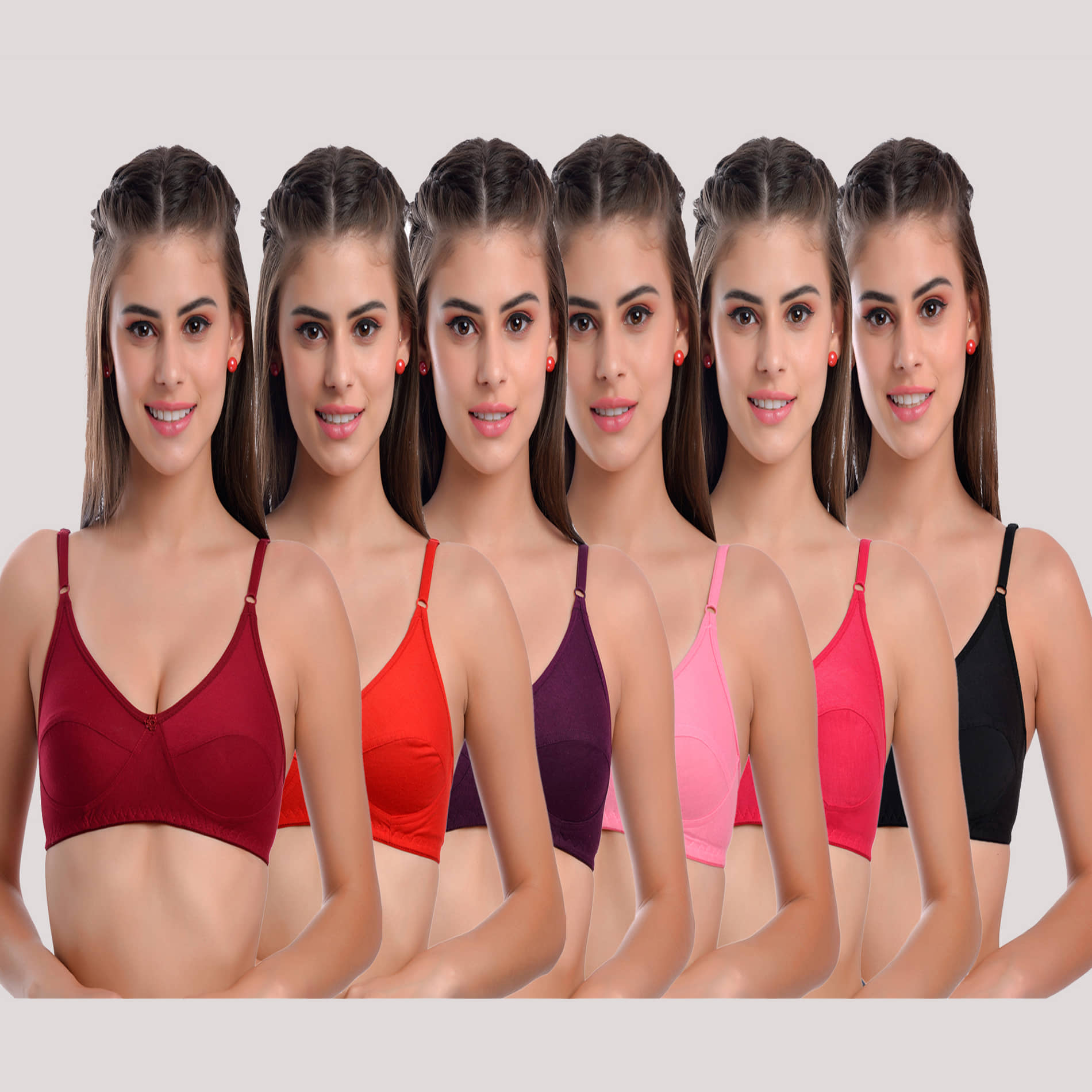 LadySoft Pack of 6 Cotton Blend Non Padded Everyday Bra For Women ( Multicolor )