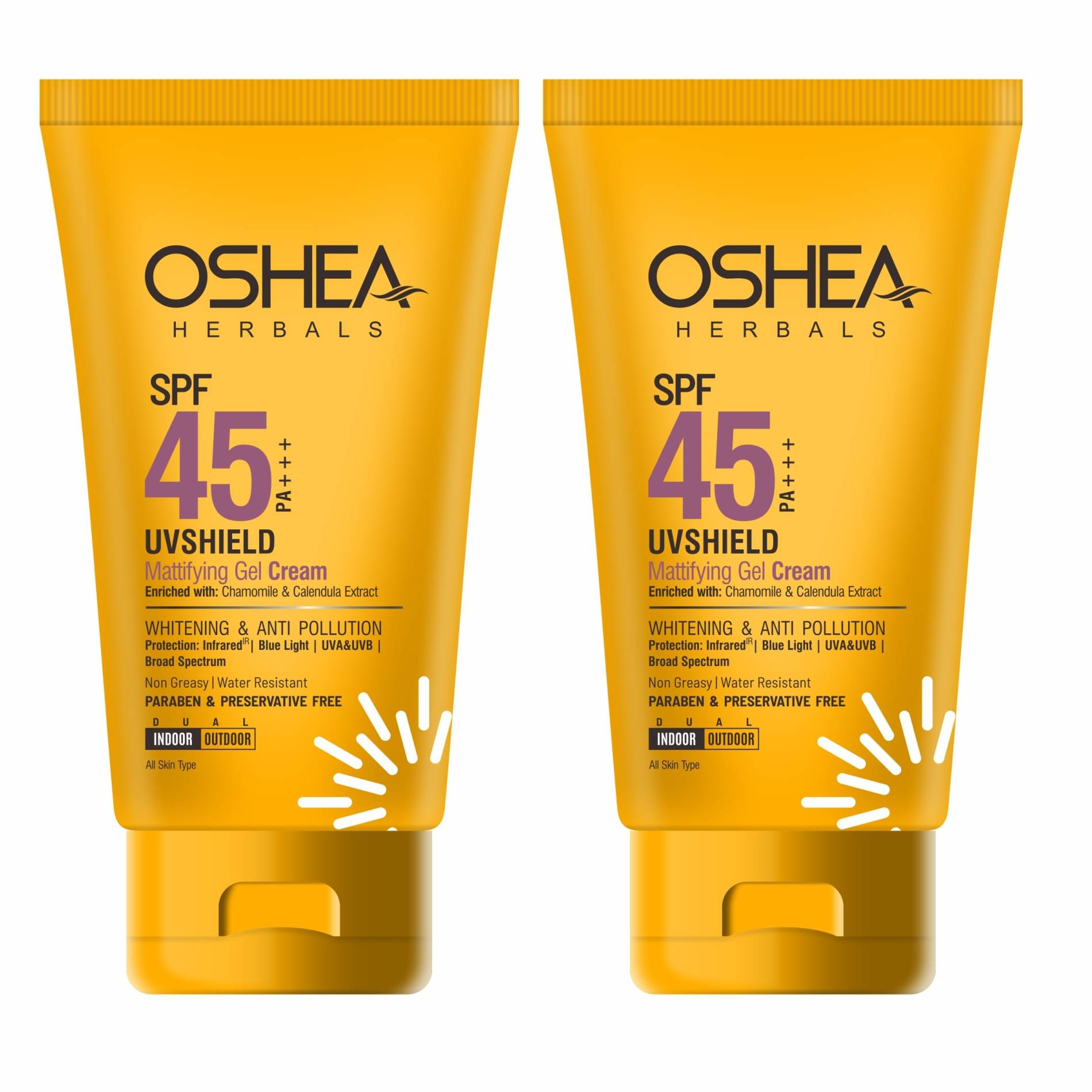 Oshea Herbals SPF 45 PA +++ UV Shield Mattifying Gel Cream Pack of 2 x 120Grams     			Oshea Herbals SPF 45 PA +++ UV Shield Mattifying Gel Cream Pack of 2 x 120Grams