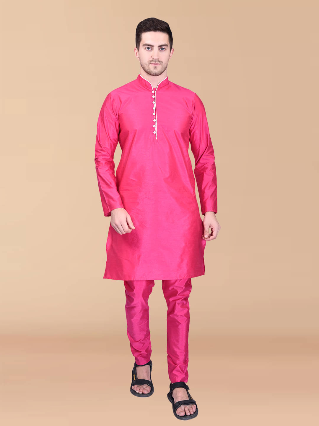 PRINTCULTR Pink Silk Regular Fit Men's Kurta Pyjama Set ( Pack of 1 ) PRINTCULTR Pink Silk Regular Fit Men's Kurta Pyjama Set ( Pack of 1 )