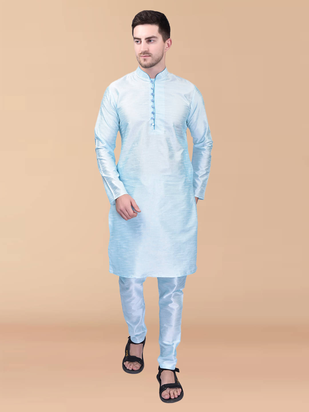 PRINTCULTR Sky Blue Silk Regular Fit Men's Kurta Pyjama Set ( Pack of 1 ) PRINTCULTR Sky Blue Silk Regular Fit Men's Kurta Pyjama Set ( Pack of 1 )