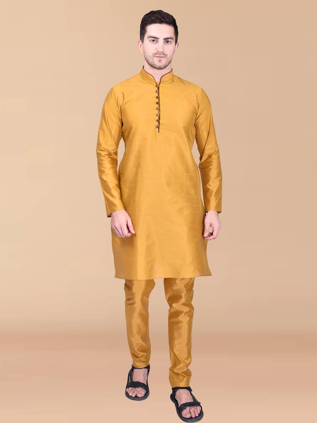 PRINTCULTR Yellow Silk Regular Fit Men's Kurta Pyjama Set ( Pack of 1 ) PRINTCULTR Yellow Silk Regular Fit Men's Kurta Pyjama Set ( Pack of 1 )