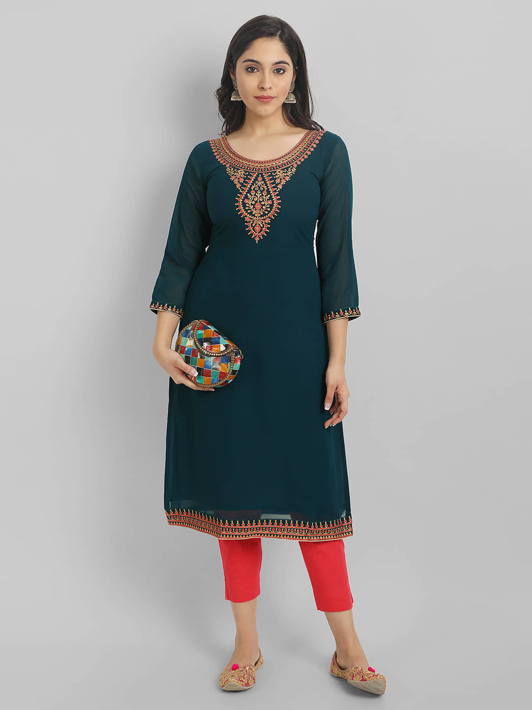 RAIYANI FASHION Georgette Embellished Straight Women's Kurti - Blue ( Pack of 1 ) - Kurtis, Tunics | Buy online on ZillyBuy