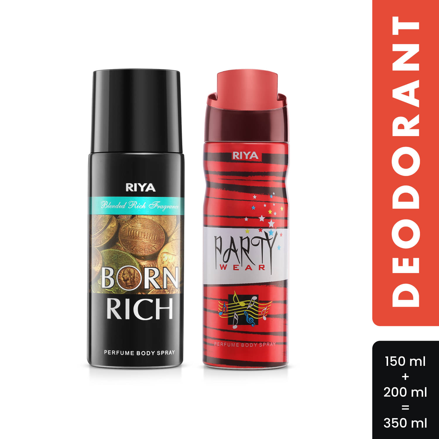 RIYA Born Rich And Party Wear Body Spray Deodorant For Unisex - For Men & Women (350 ml, Pack of 2) RIYA Born Rich And Party Wear Body Spray Deodorant For Unisex - For Men & Women (350 ml, Pack of 2)