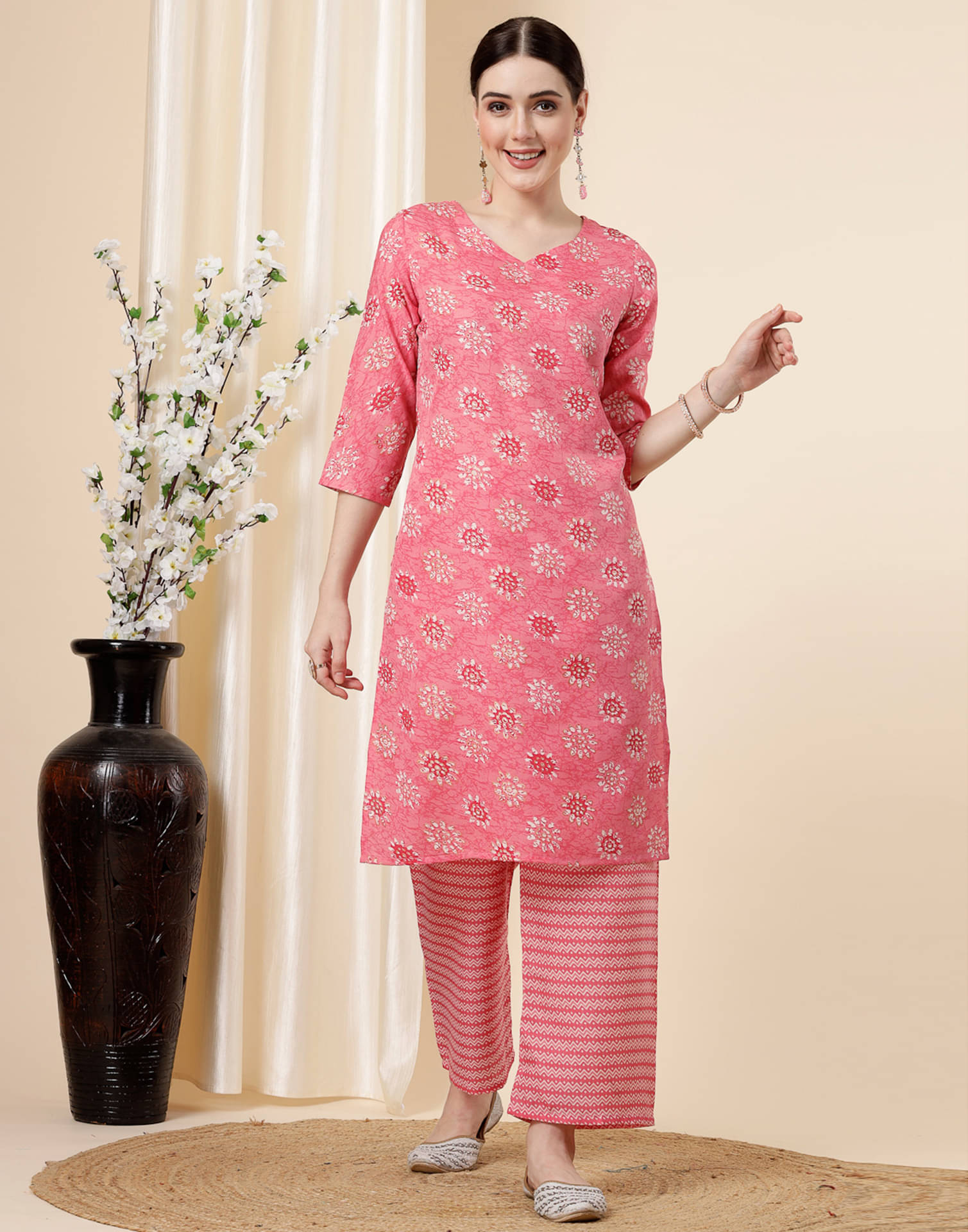     			Skylee Cotton Blend Printed Kurti With Pants Women's Stitched Salwar Suit - Pink ( Pack of 1 )
