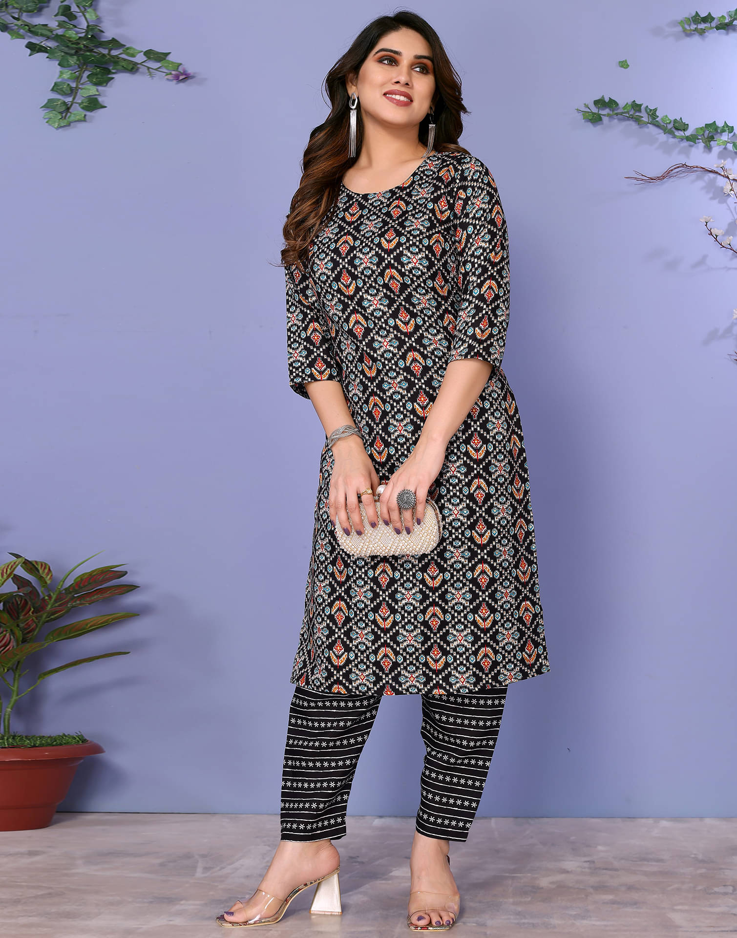 Skylee Cotton Blend Printed Kurti With Palazzo Women's Stitched Salwar Suit - Black ( Pack of 1 ) Skylee Cotton Blend Printed Kurti With Palazzo Women's Stitched Salwar Suit - Black ( Pack of 1 )