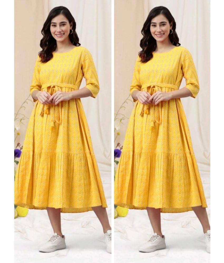 ASHISH PRINT Women Cotton Blend Printed A-line Dress ( Yellow ) ASHISH PRINT Women Cotton Blend Printed A-line Dress ( Yellow )
