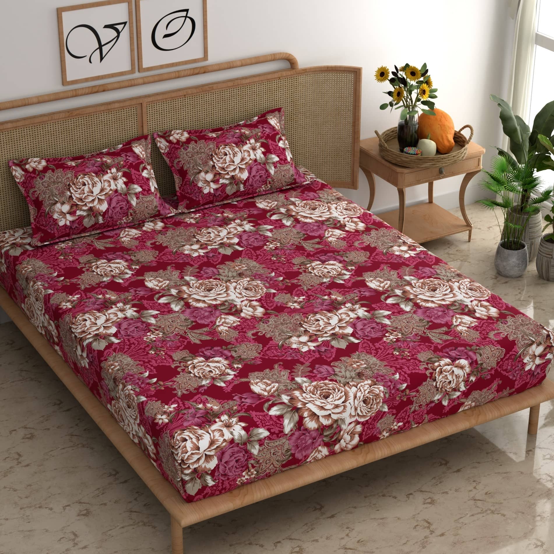 CG HOMES Microfibre Abstract Fitted Fitted bedsheet with 2 Pillow Covers ( Double Bed ) - Red